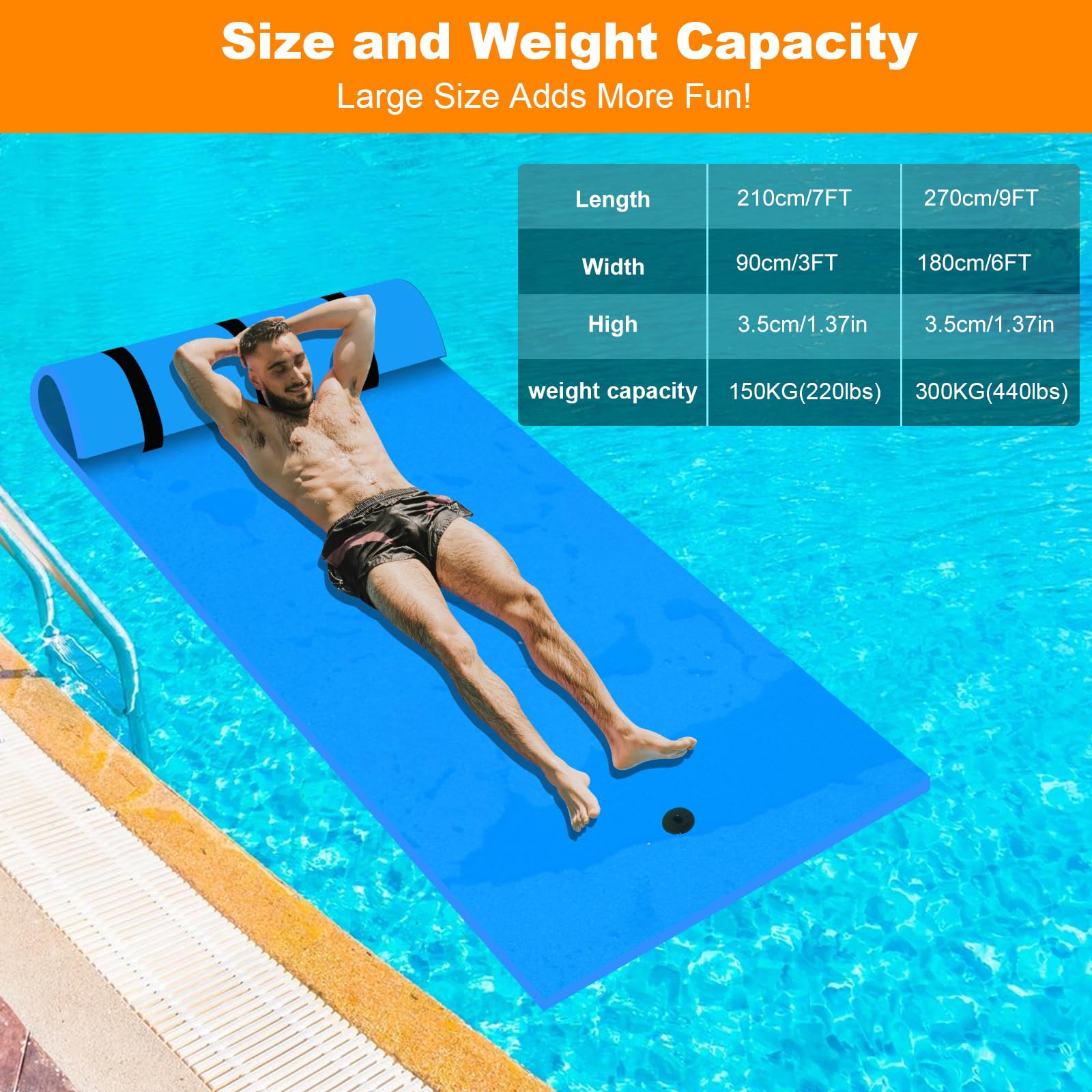 Wasserhängematte Wasserkissen für Schwimmbad, Seen, Boote, Flüsse, Meer 210 x 90/270 x 175 cm Schwimmende Wassermatte XPE Schwimmmatte 100-149KG Schwimmendes Schaumstoff-Wasserpad
