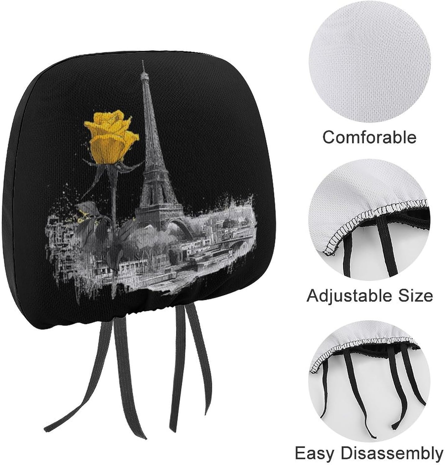 Eiffel Tower Nd Yellow Rose Fashion Car Headrest Cover Novelty Elastic Seat Rest Covers for SUV Truck Sedan image 3