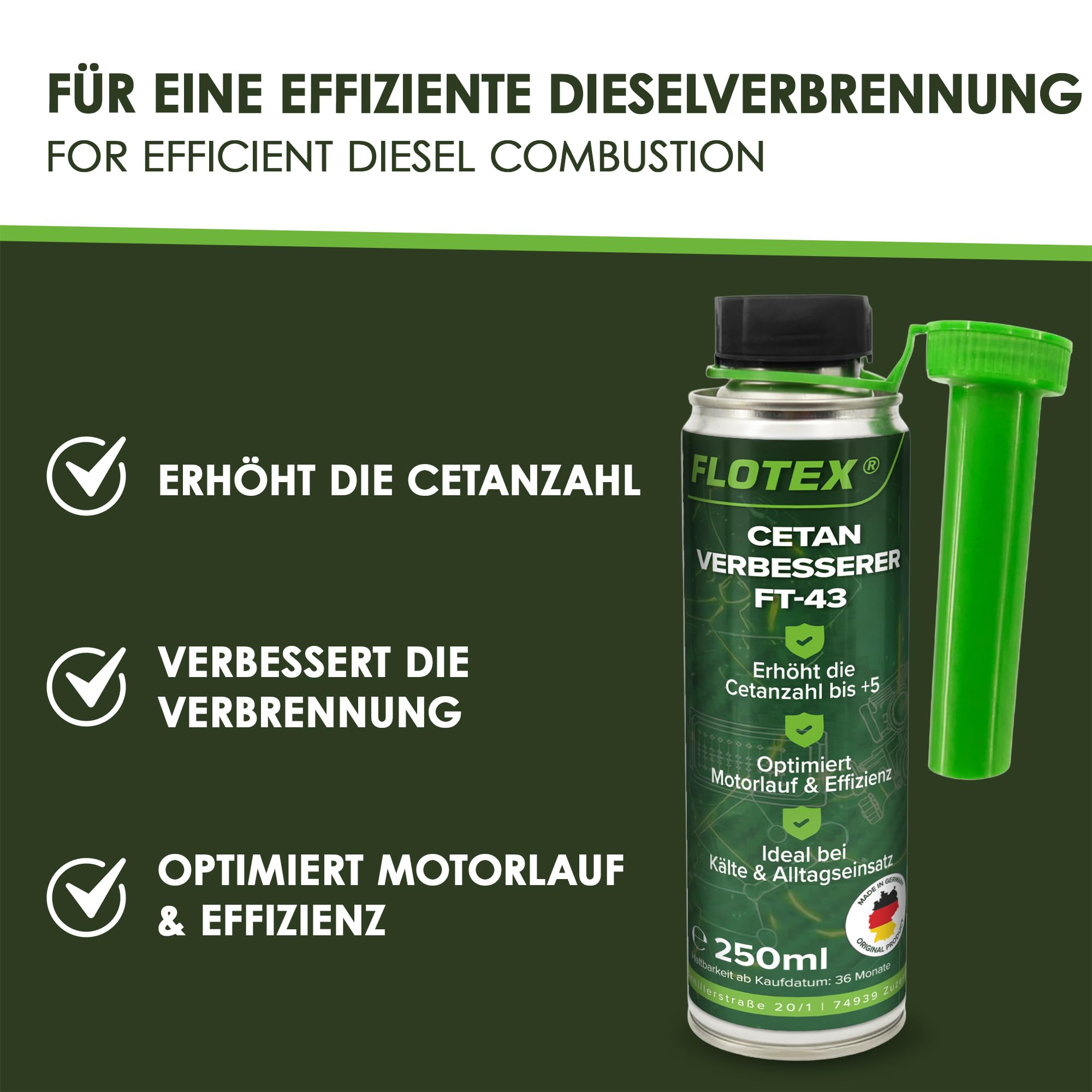 Cetan Verbesserer FT-43 6 x 250 ml | Diesel Cetan Booster & Dieseladditiv zur Erhöhung der Cetanzahl um bis zu 5 Punkte | Für ruhigeren Motorlauf, bessere Zündwilligkeit & Kaltstart
