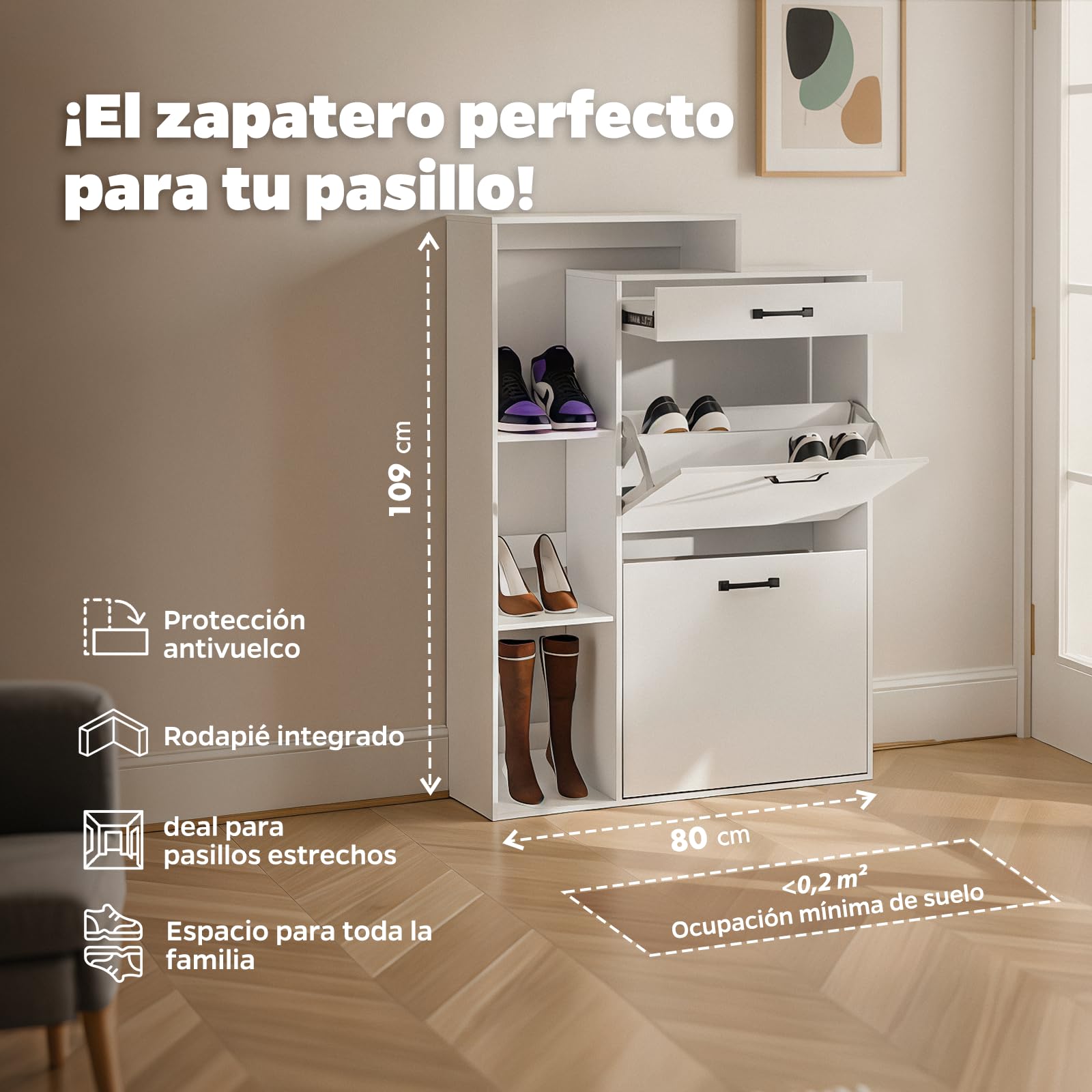 Zapatero Blanco Estrecho，80×24,5×109 cm Mueble Zapatero para recibidor o Pasillo, 3 estantes Regulables,1 cajón, 2 Puertas, Montaje fácil