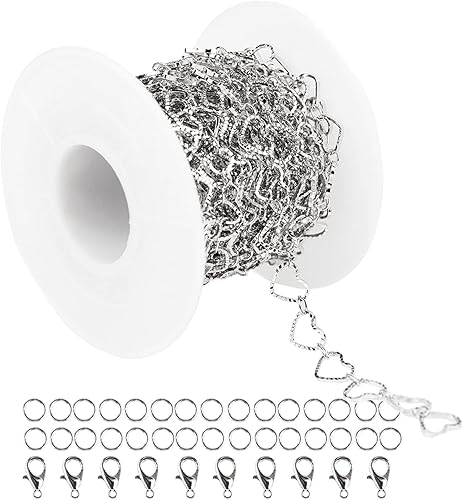 Cadena de corazón chapada en plata de 16.4 pies, cadenas de eslabones en relieve hechas a mano a granel en carrete con anillos de salto abiertos,
