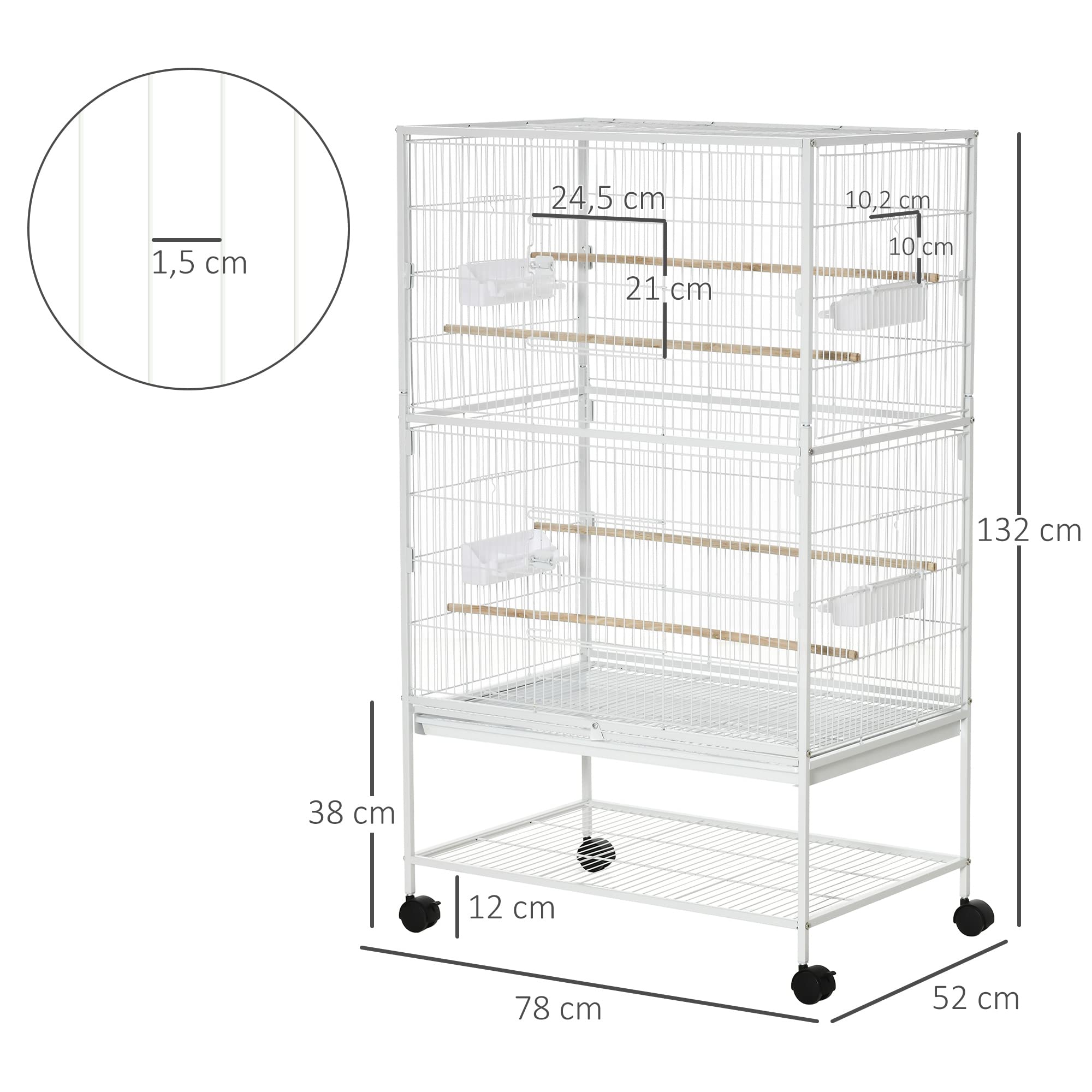 PawHut Jaula para Pájaros con Ruedas Pajarera Metálica con Bandeja Extraíble 4 Puertas 4 Comederos 4 Perchas y Estante de Almacenaje Jaula para Canarios Periquitos 78x52x132 cm Blanco — view 7
