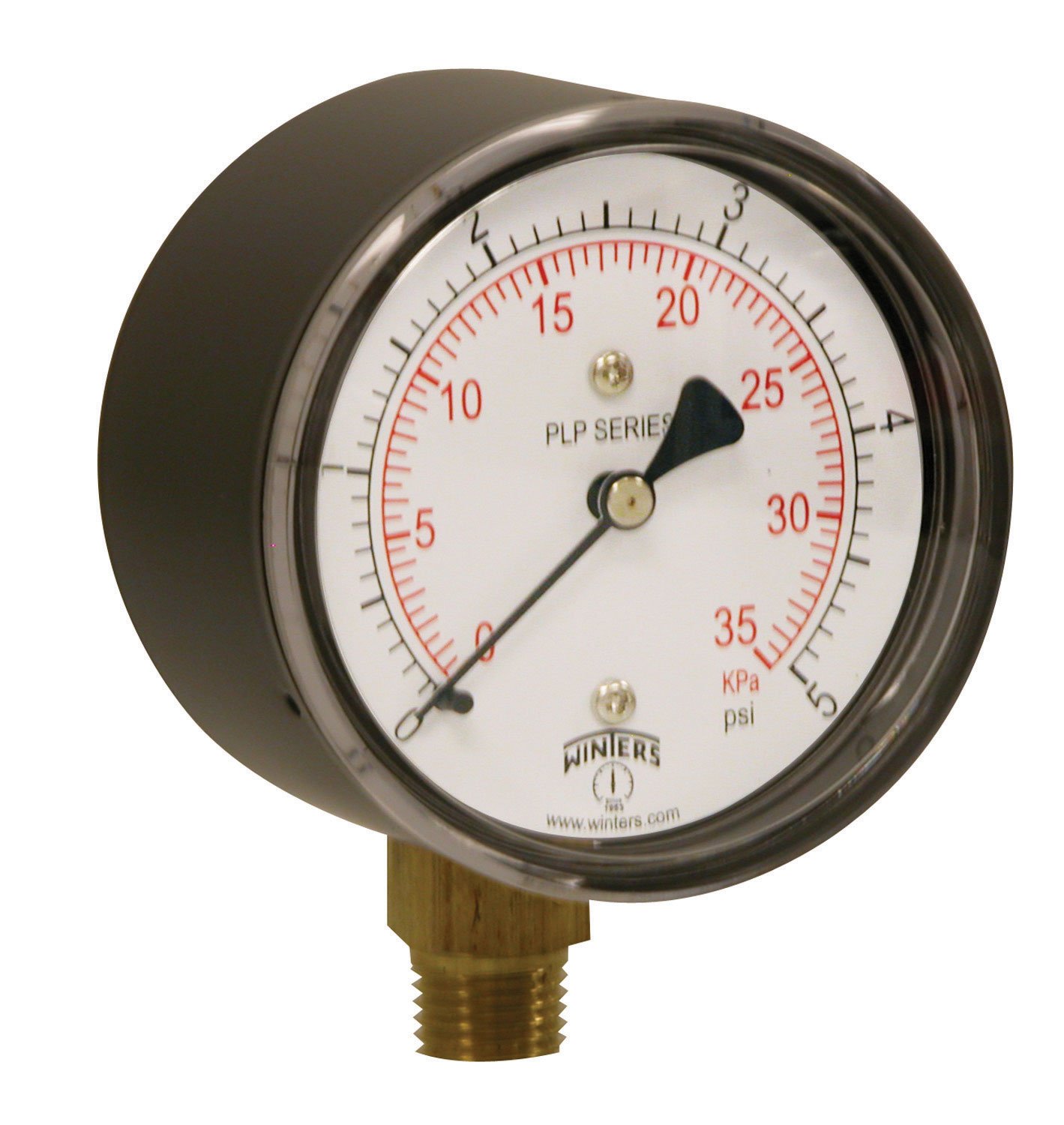 Winters PLP Series Steel Dual Scale Low Pressure Gauge with Brass Internals, 0-5 psi, 2-1/2" Dial Display, +/- 3-2-3% Accuracy, 1/4" NPT Bottom Mount