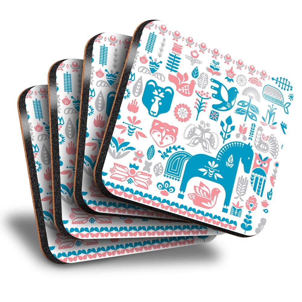 Destination Vinyl Ltd Multicolor Great Coasters (Set Of 4) Square - Traditional Swedish Dala Horse Drink Glossy Coasters/Tabletop Protection For Any Table Type #12363