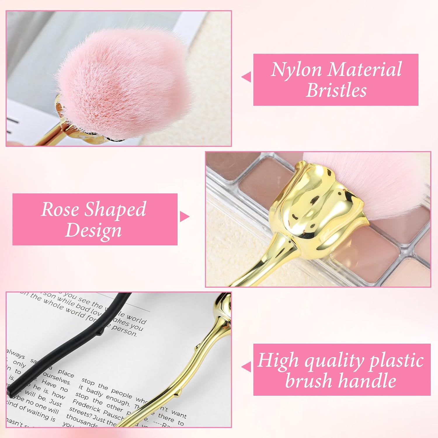 Nogeqi 3 PCS Nail Dust Brush Powder Remover Large Acrylic Nail Art Dust Brushes Rose-Shaped Fluffy Duster Brush for Nail Dust Collector Cleaning Makeup Brush Tools Pink Black Red image 3