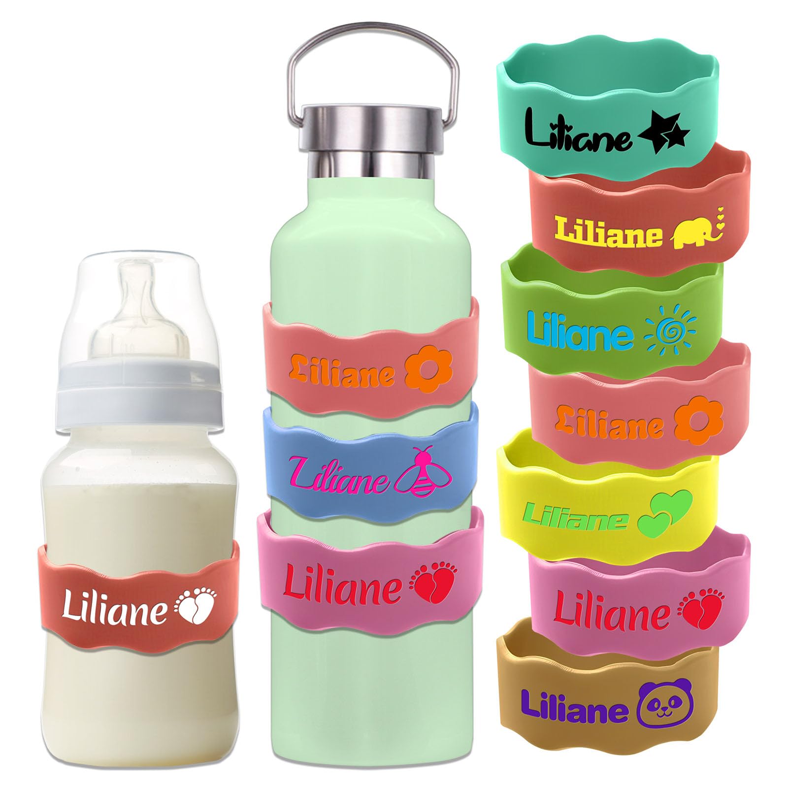 Custom Baby Bottle Labels for Daycare Silicone Water Bottle Name Bands Personalized Reusable Baby Bottle Straps for Kids Cups School(Orange)