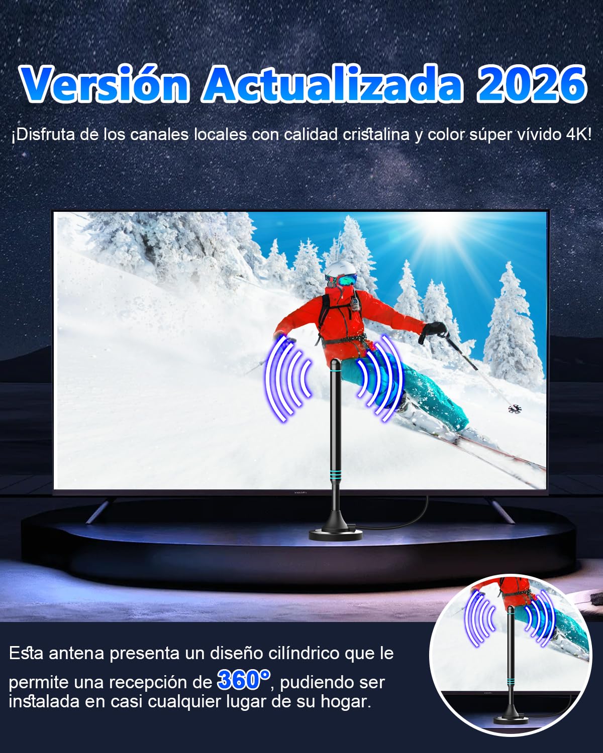Antena TV Interior Digital 2026 – Señal Estable con Recepción 360°, Base Magnética Fuerte, Cable Coaxial de 5 m, Compatible con Smart TV 4K y 1080P, Antena TDT para Canales Locales Gratis