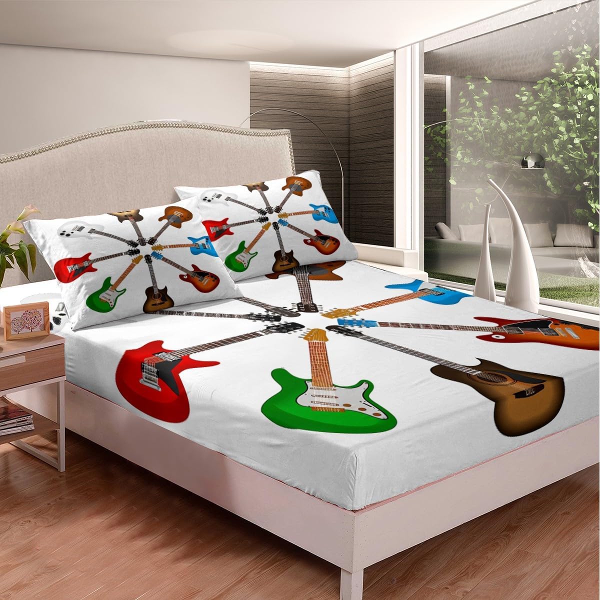 Feelyou Guitar Bed Sheet Set Rock Music Themed Sheets for Kids Boys Girls Electric Guitar Printed Bedding Set Musical Instruments Fitted Sheet Bedroom Collection 3Pcs Queen Size