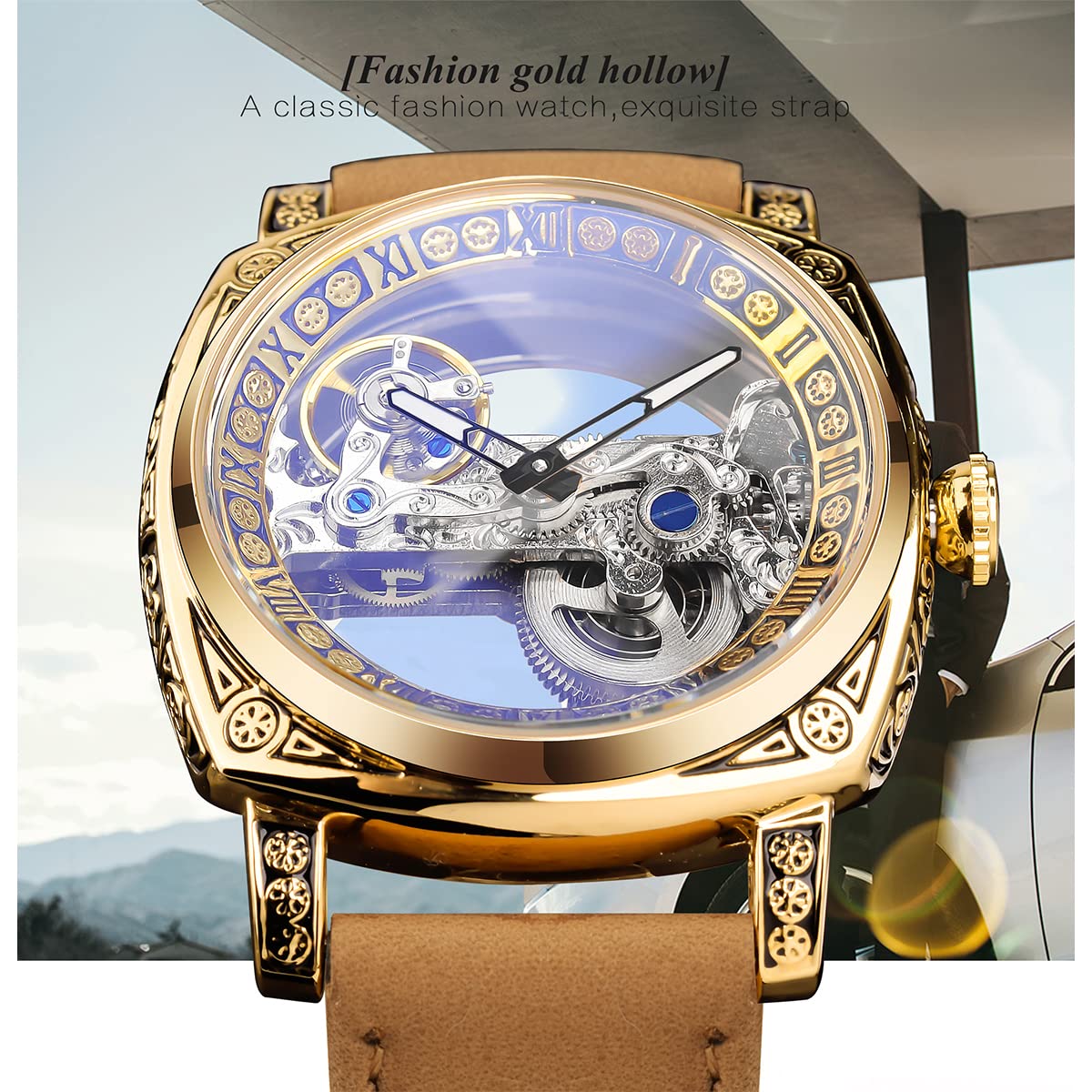 FORSINING Relojes de pulsera para hombre, diseño clásico de esqueleto cuadrado transparente, automático, mecánico, de cuero, luminoso, resistente al agua