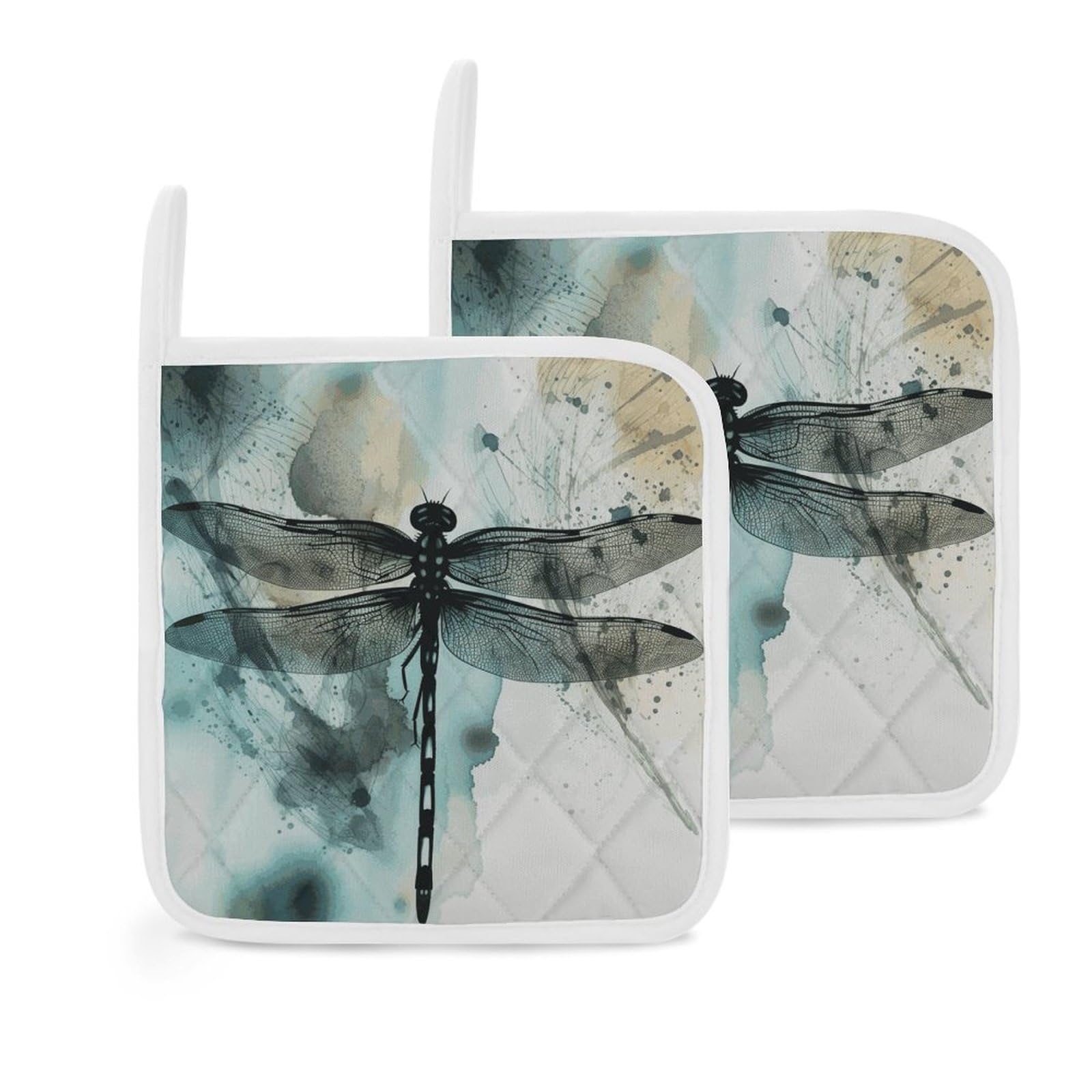 Btcowzrv Style Ink Dragonfly 2 Pack Pot Holders For Kitchen, Heat Resistant Potholder Set With Hanging Loops, Hot Pads For Oven Baking Cooking