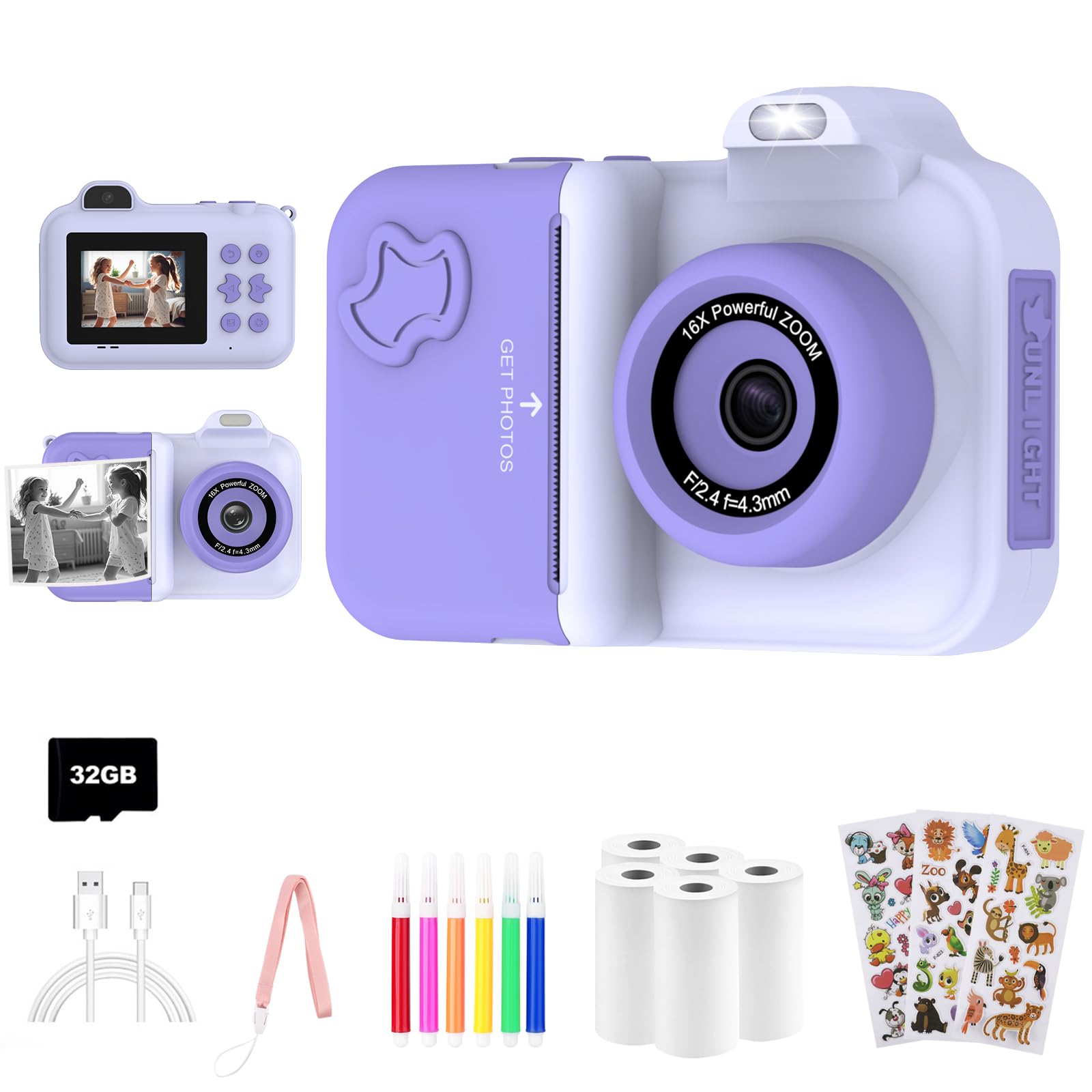 Instant Cameras Children - 1080P HD Digital Camera with 32G SD Card, Birthday Gift for Girls Aged 4 5 6 7 8 9 10 Years, Toy with 5 Rolls of Printing Paper, Stickers, Pens-image-7