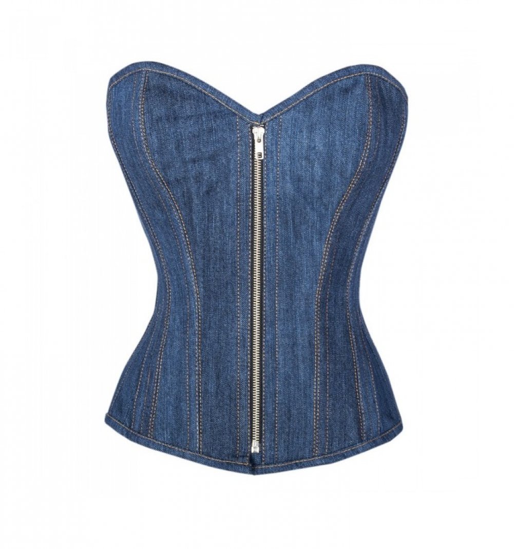 Blue Denim Zipper Steampunk Gothic Overbust Corset Costume Waist Trainer Basque