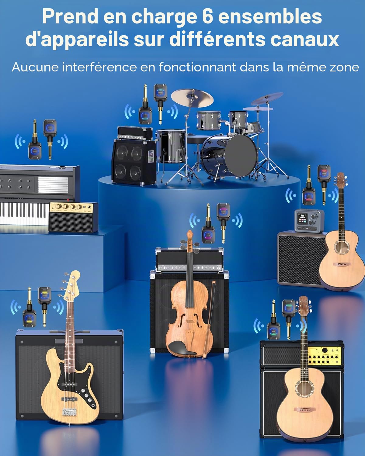 Système de Guitare Sans Fil 5.8GHz, 6 Canaux, Récepteur Émetteur Rechargeable 2 Types de Prises pour Batterie, Clavier Numérique, Violon Électrique, Guitare, Basse