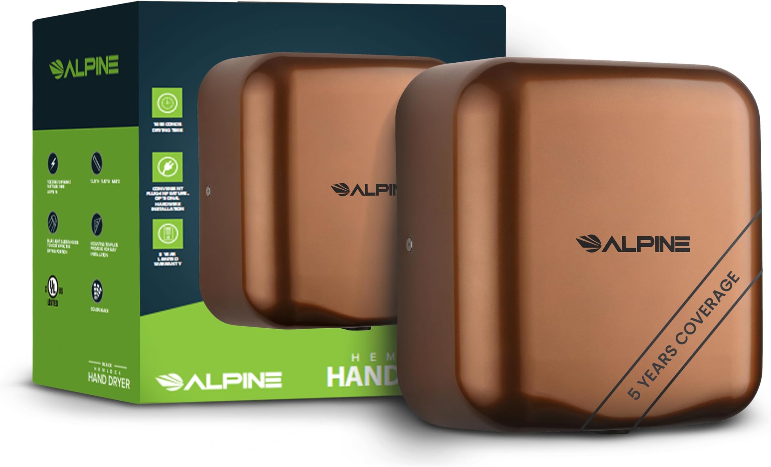 Alpine Automatic Hand Dryers for Bathrooms Commercial High Speed 110-120V Stainless Steel Electric Hand Dryer, Plug In & Hardwire Options with Air Filter, ADA & UL Compliant & 5 Years Coverage(Copper)