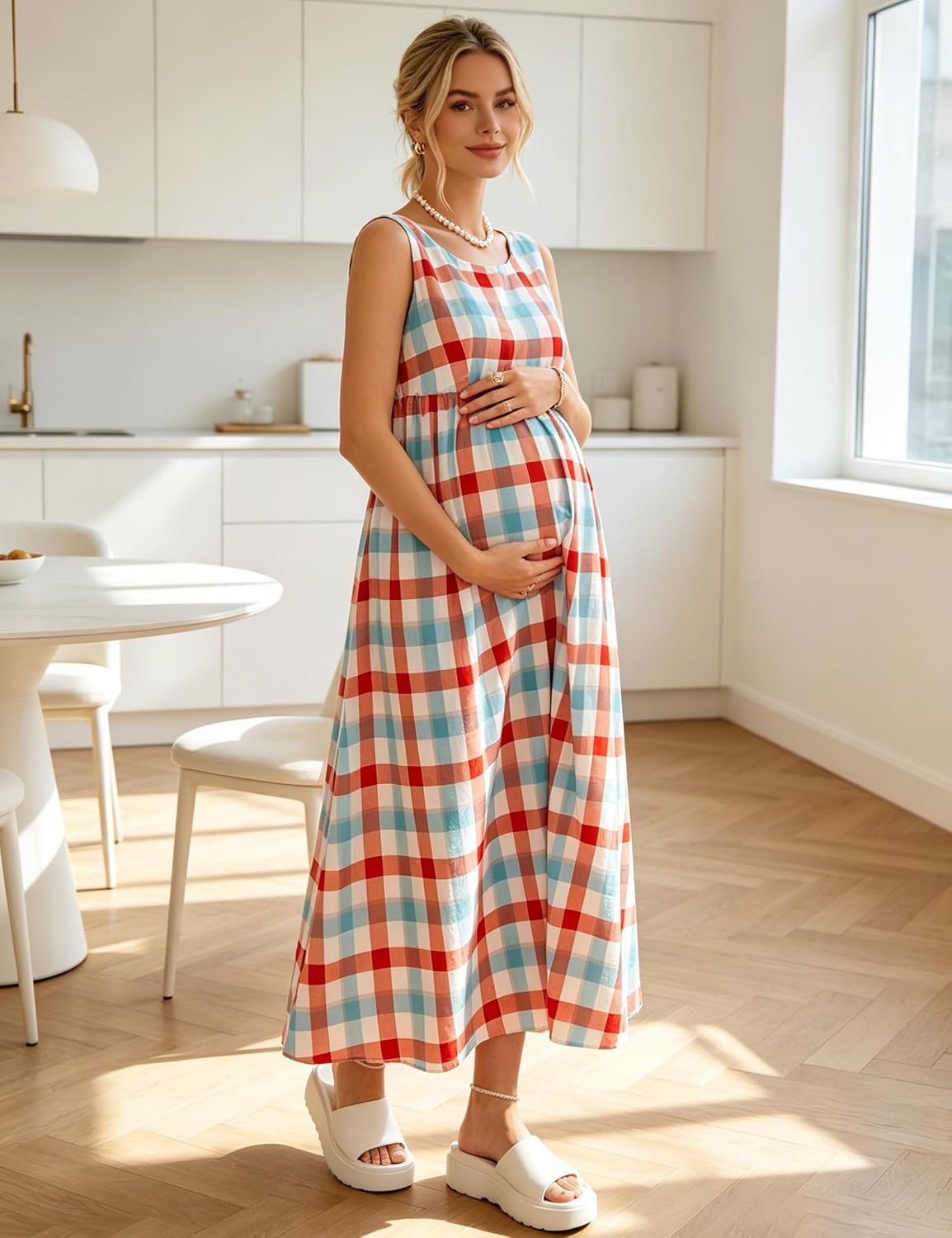 Summer Sleeveless Plaid Maternity Maxi Dress, Open Back Bow Tie Empire Waist Gown for Baby Shower Photoshoot