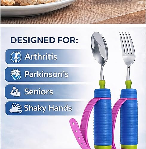 Miniatura 2 de Juego de utensilios adaptativos para ancianos y discapacitados  Tenedor giratorio de 360 y cuchara con correa de silicona ajustable y mango