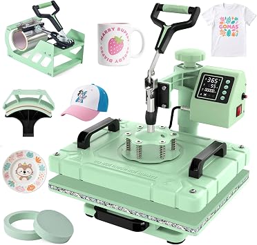 Slendor Heat Press Machine 12x15 inch, 5 in 1 360-Degree Swing Away Digital T Shirt Pressing Machine Multifunction Heat Transfer Sublimation Combo for T Shirts Mugs Hat Plate Cap, Green | From Beginner DIY Crafts to Small Business, Create Custom T-Shirts, Mugs & Gifts with 5-in-1 Press