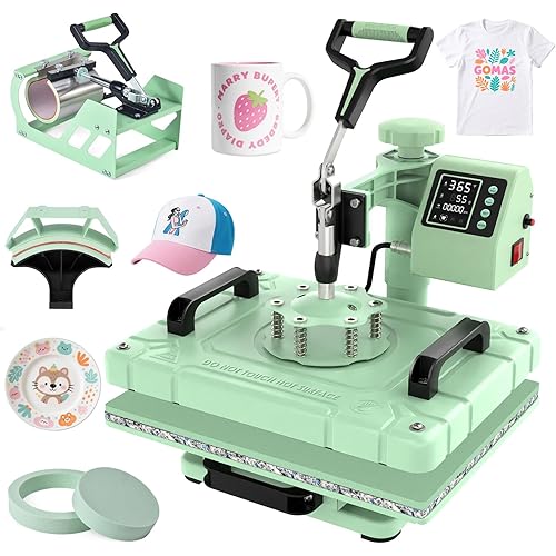 Slendor Heat Press Machine 12x15 inch, 5 in 1 360-Degree Swing Away Digital T Shirt Pressing Machine Multifunction Heat Transfer Sublimation Combo for T Shirts Mugs Hat Plate Cap, Green