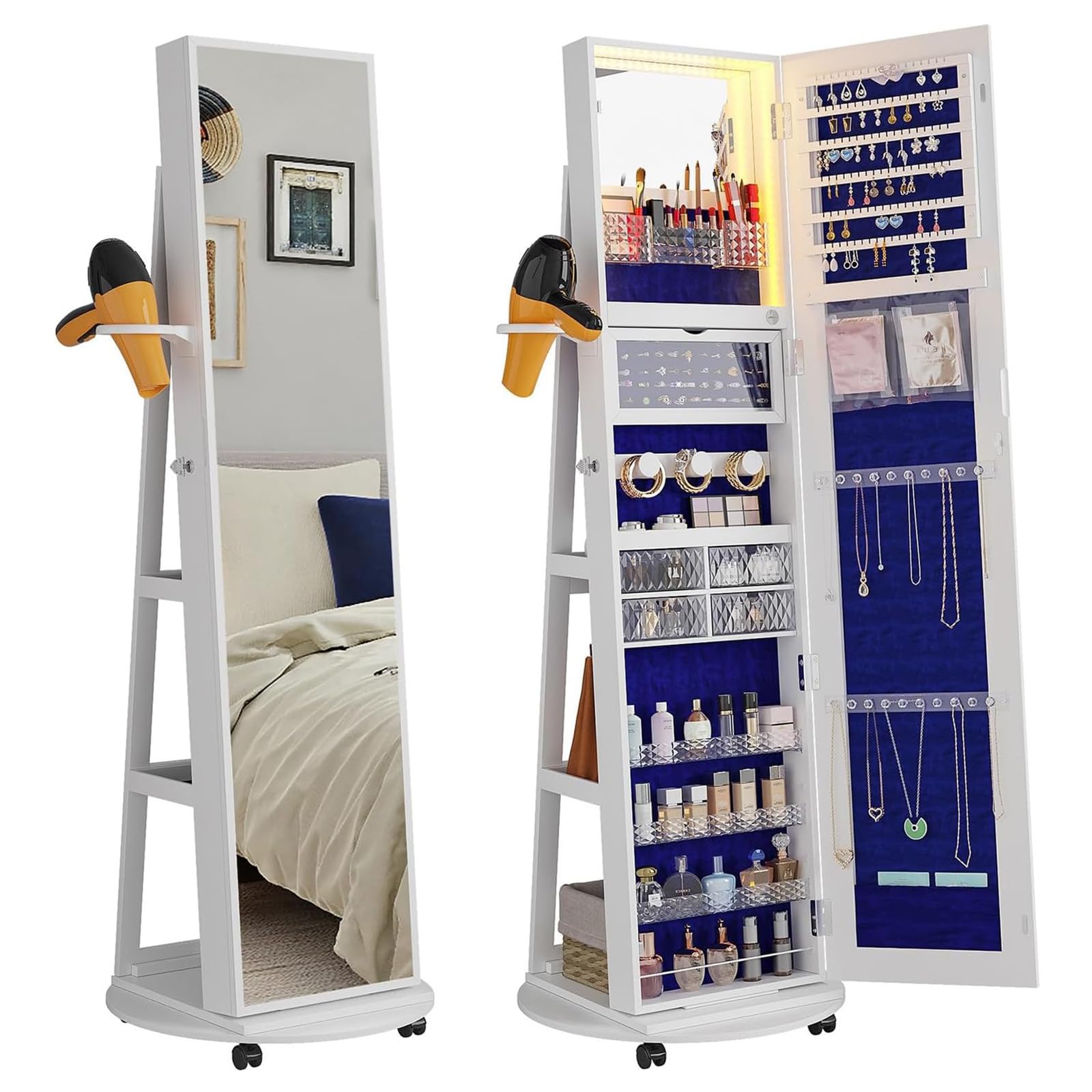 Lshtshf-ou Jewelry Cabinet 360° Rotating Lockable Jewelry Wardrobe And Jewelry Storage Box with Rear Storage Rack Rear Storage Rack