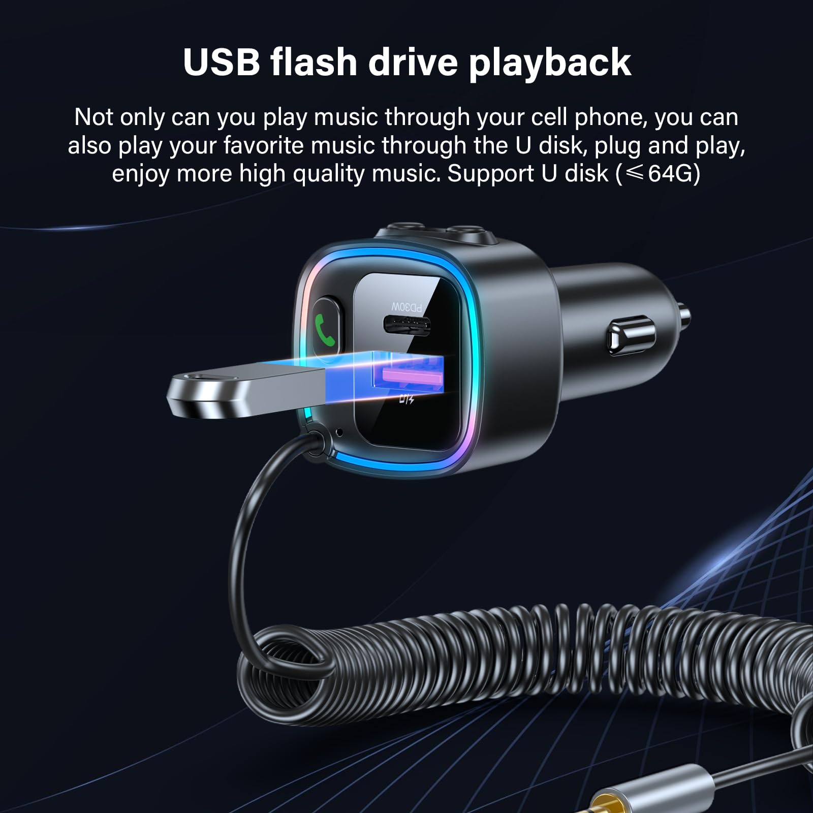 Aux Bluetooth 5.4 Auto Ricevitore Bluetooth per Auto con Jack AUX da 3,5 mm Ricarica Rapida 42W (PD 30W & QC 12W) Supporta Chiamate in Vivavoce Musica Hi-Fi RGB Compatibilità U-Luce