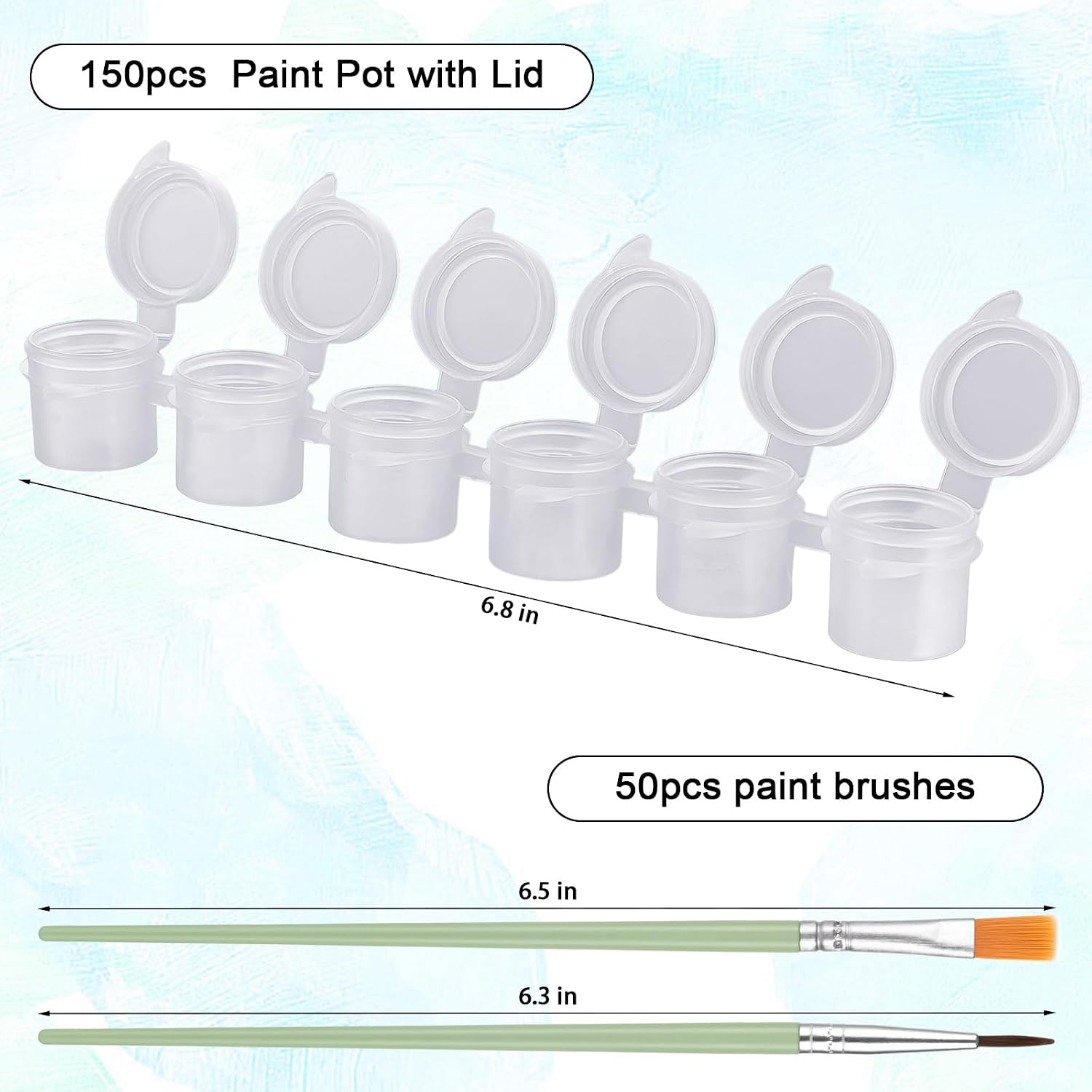 150 Pots Empty Paint Pots with Lid, 25 Strips 5 ml / 0.17 OZ Clear Storage Containers and 50 Pieces Paint Brushes Sets, Painting Arts Crafts Supplies for Classrooms Schools Paintings Art Festivals