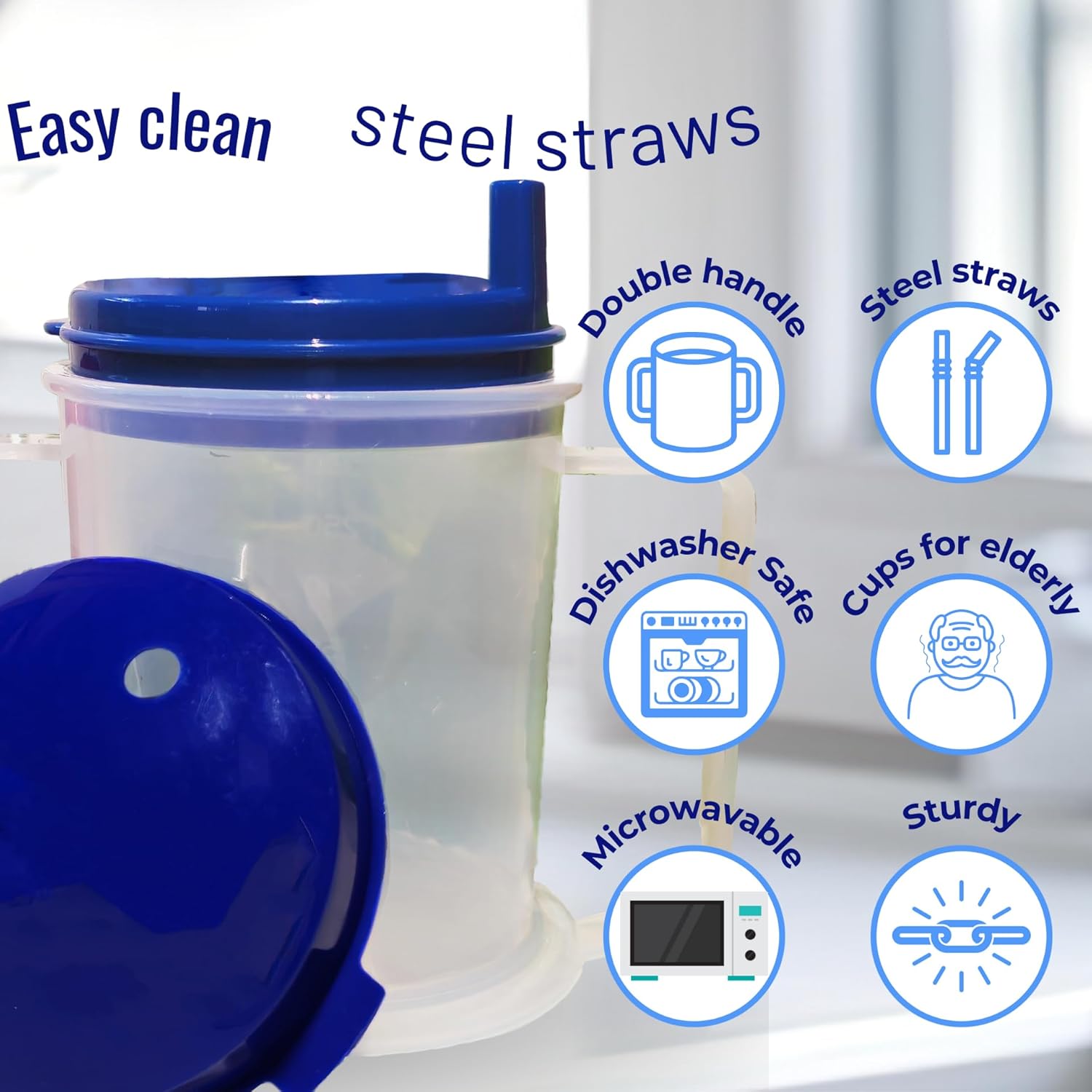 Adult sippy cups for elderly spill proof with straw Adult sippy cup for elderly spill proof | Spill proof cup | Set of 5 pcs with stainless steel straws and dishwasher - Image 3