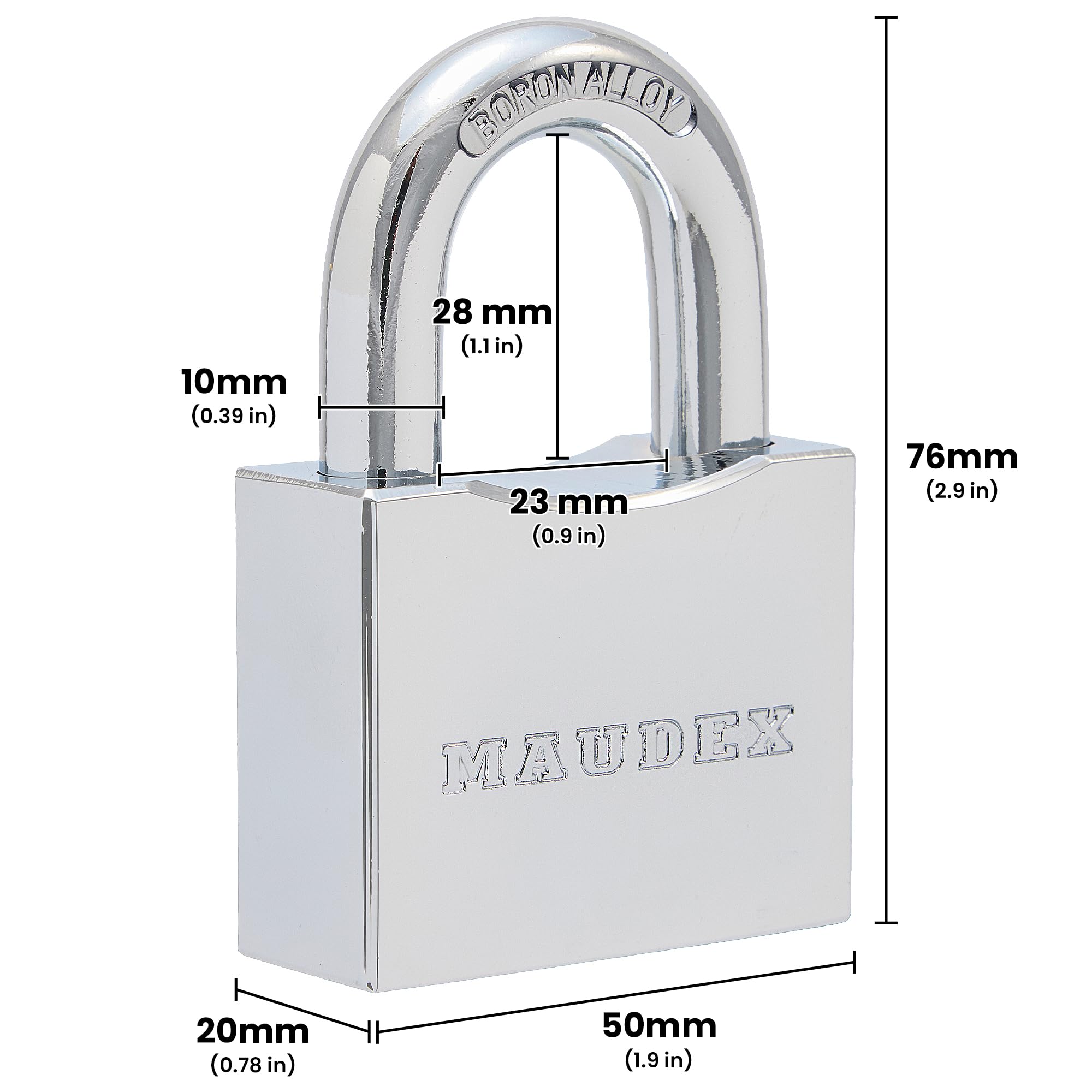 Maudex® RPB50 Heavy Duty Padlock with 5 Keys - 10mm Cut Resistant Hardened Shackle - Weatherproof Chrome Body - Image 2