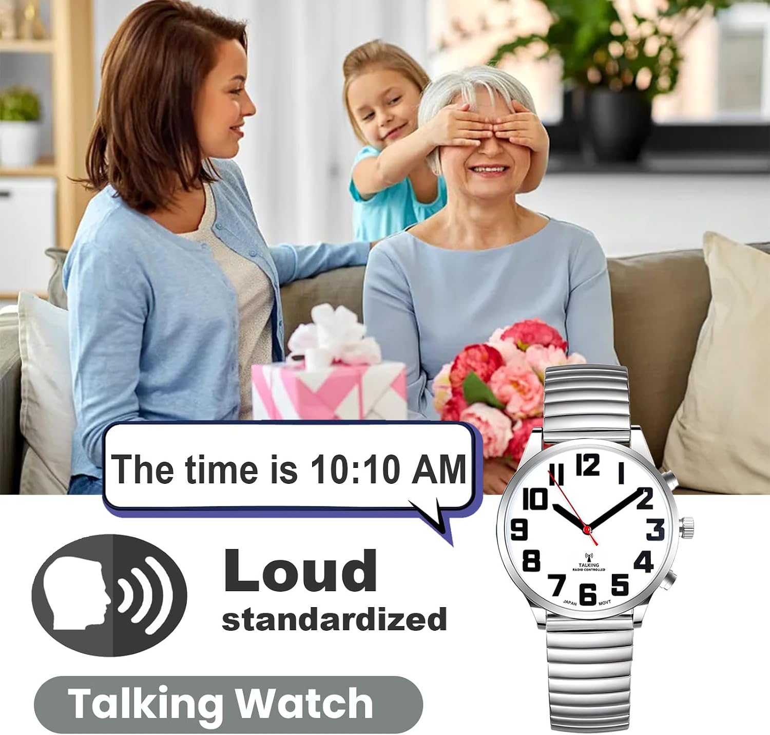 Atomic American English Talking Watch Speaks Clear and Loud Time, Date and Alarm time Stretch Band for Senior,Visually impaired or Blind People