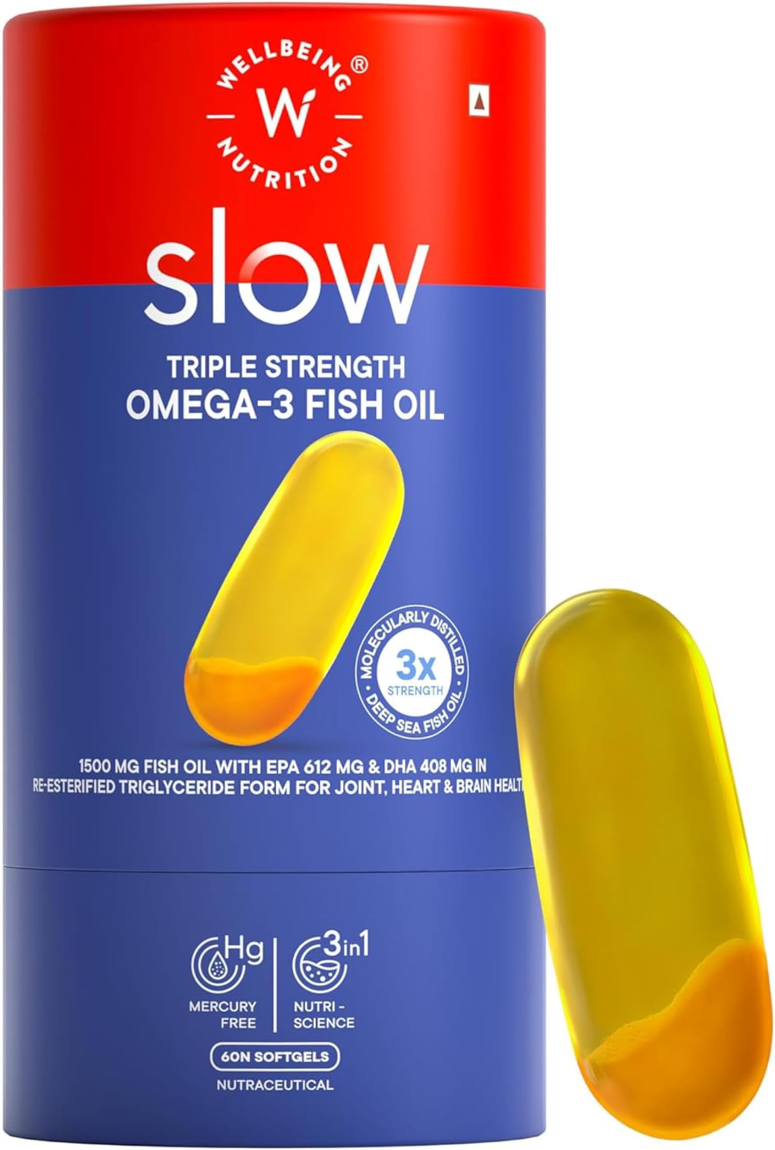 Wellbeing Nutrition Slow 3x Strength Omega 3 Fish Oil Capsules | 1500mg with EPA 612mg, DHA 408mg & Curcumin for Men & Women | No Fishy Burp | For Brain, Heart, & Joint Health, 60 Softgels