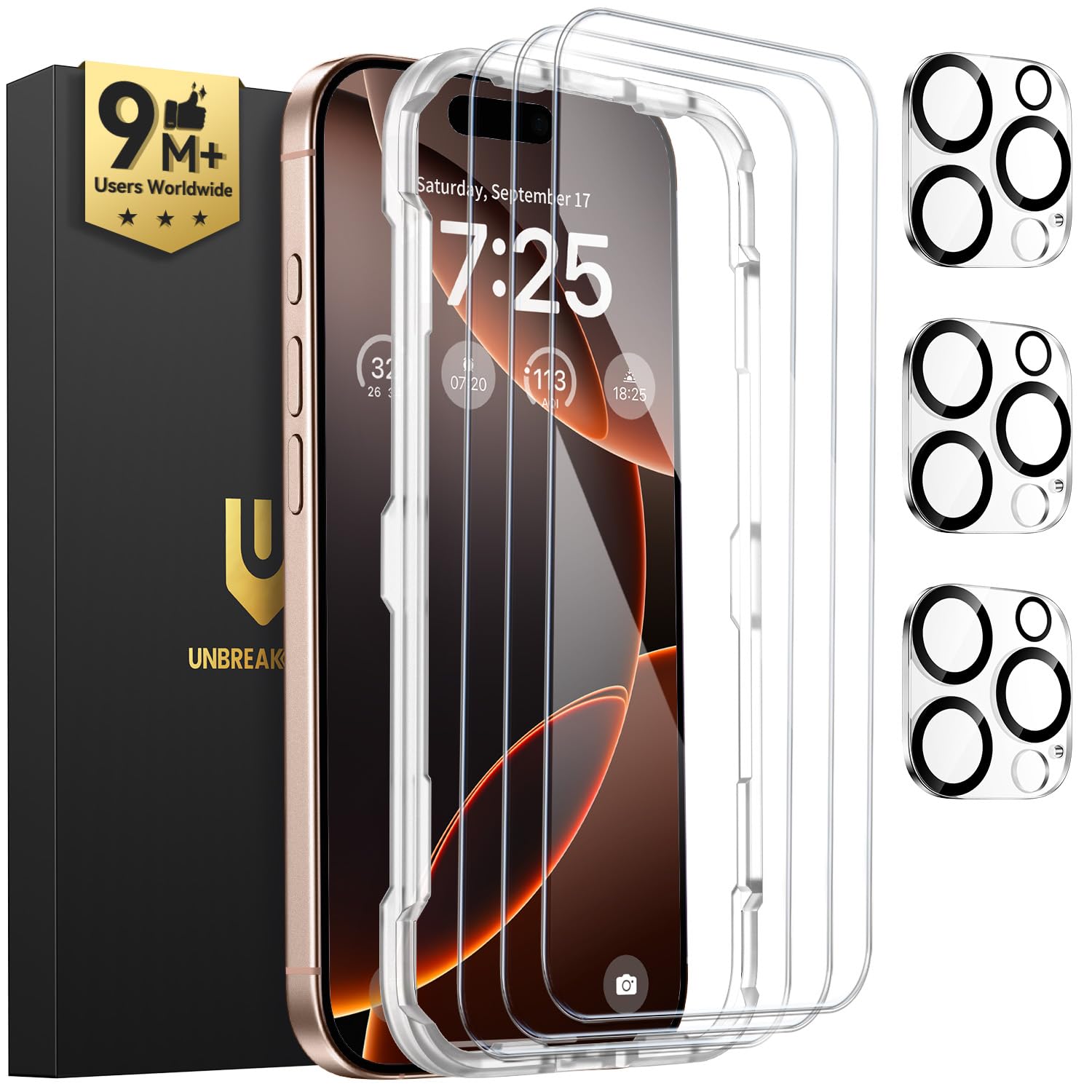 UNBREAKcable iPhone 16 Pro Max Screen Protector 3-Pack, Upgraded Dual-Tempered Glass + 3 Camera Lens Protectors, Military-Grade 9H Hardness, HD Clarity, Anti-Fingerprint, Case Friendly, 6.9 Inch