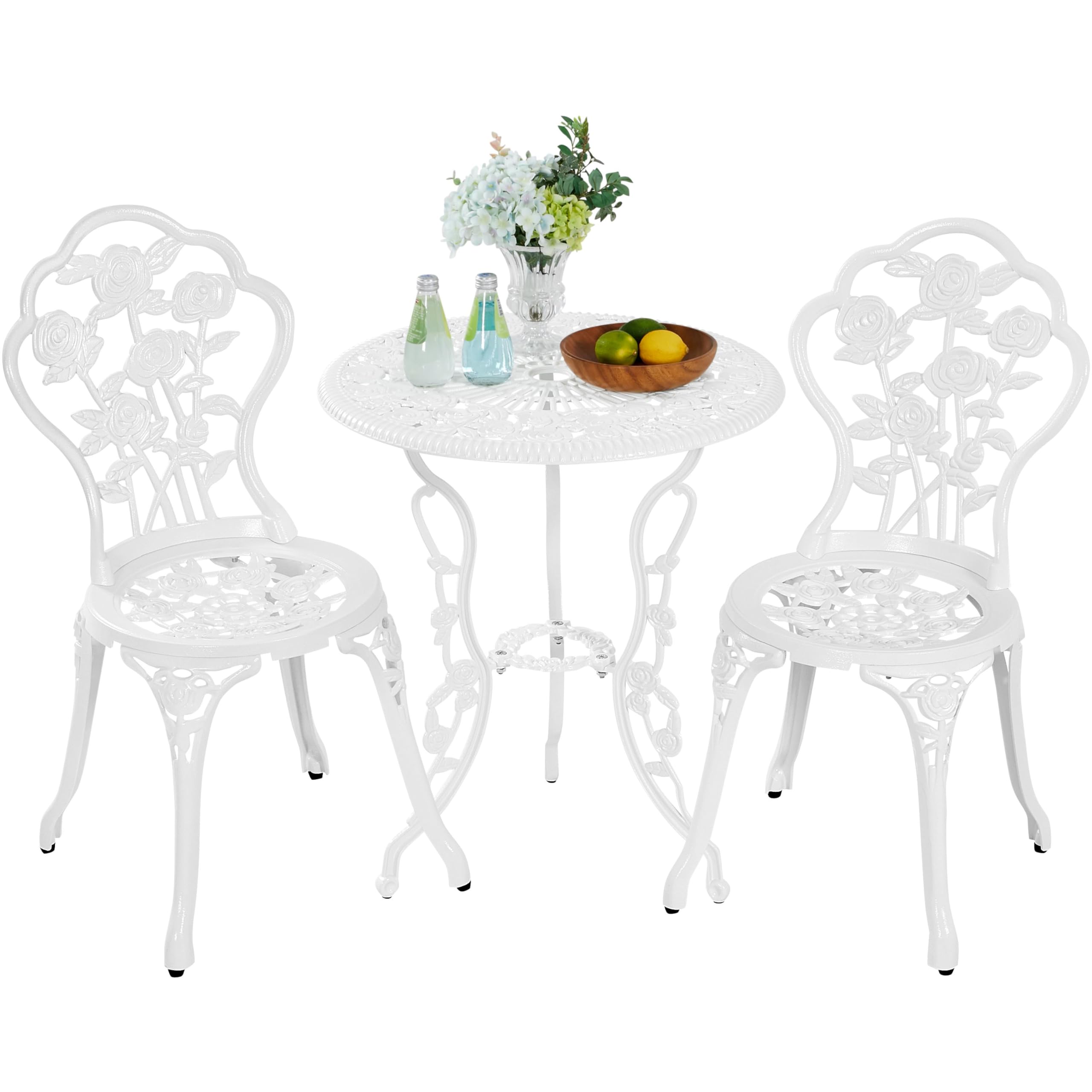 Yaheetech Conjunto de Mesa y Sillas Exterior Vintage Juegos de Muebles de Jardín de Aluminio Una Mesa con Dos Sillas para Balcón Blanco