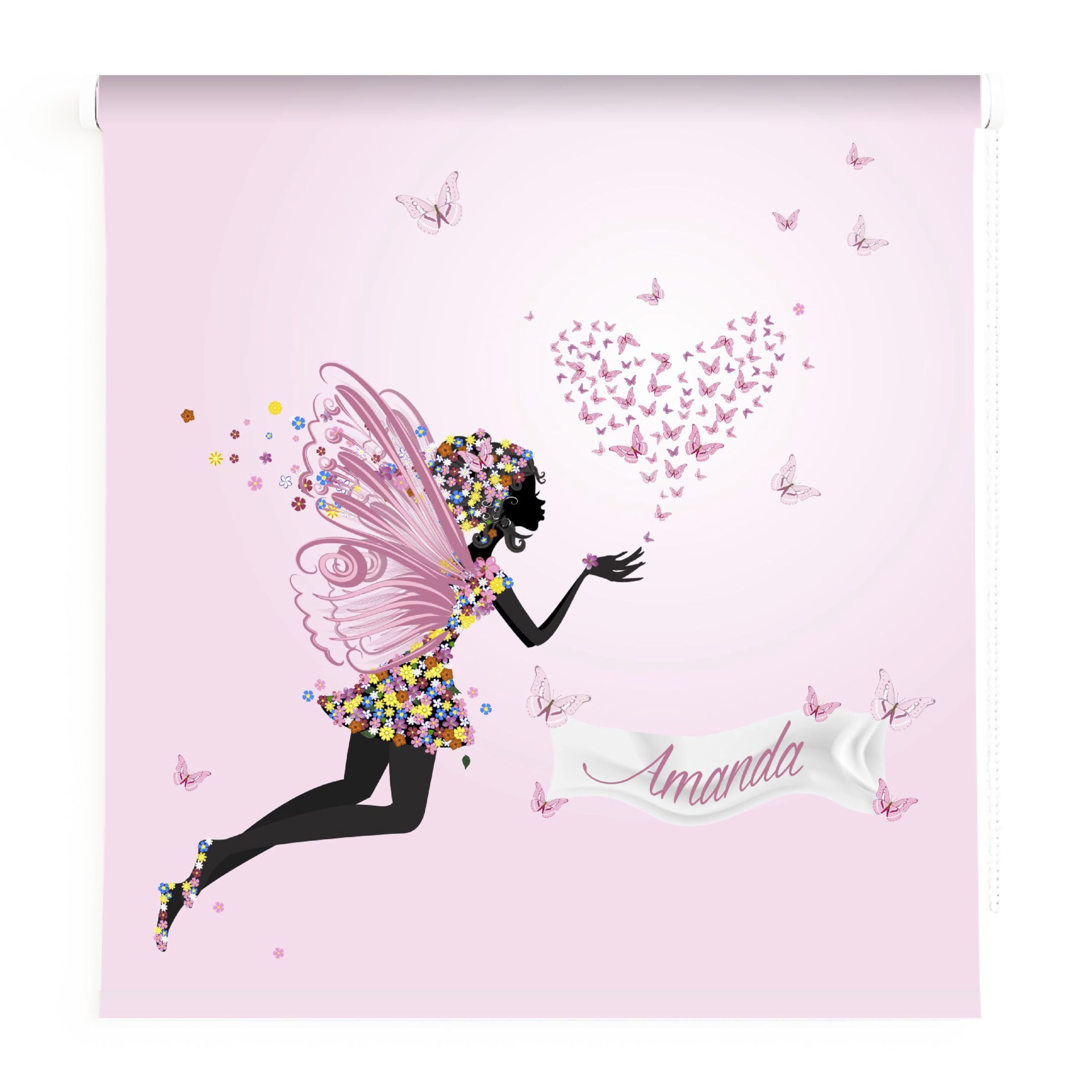 Estores Iroa – Estor Enrollable Infantil Personalizado con nombre- Dibujo de Hada Corazon – Estor para Habitación de Niña, Cortina Translúcida, Hecho a mano en España (170x170)