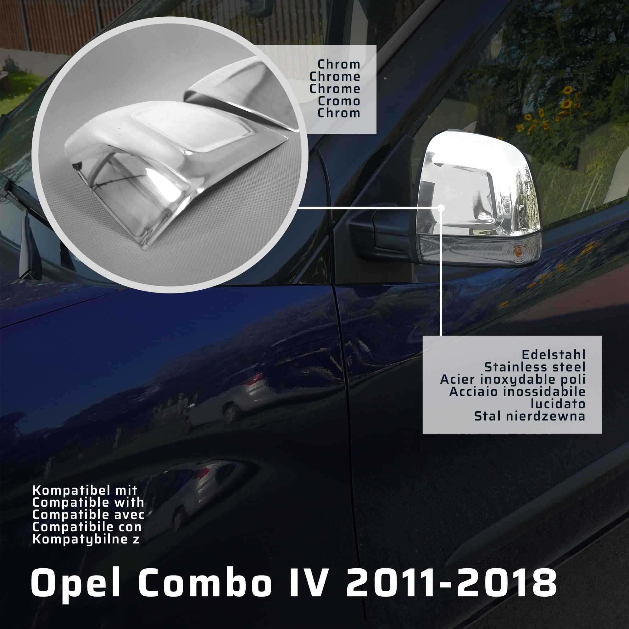 CHROMEMASTER | Nakładki na Lusterka Zewnętrzne | Kompatybilne z Opel Combo IV 2011-2018 | Stal nierdzewna; Osłony Lusterek to Niepowtarzalny Wygląd Auta i Ochrona Przed Uszkodzeniem
