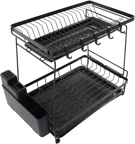 Escurridor de platos con escurridor de platos grande de 2 niveles con soporte para utensilios, estante para tazas, colador de disco de acero al