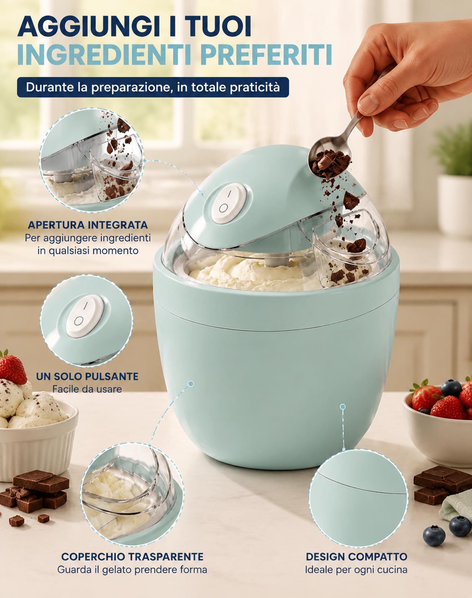 Gelatiera GelatoVivo, Gelato in Pochi Minuti, Non Serve Il Ghiaccio，Azzurro