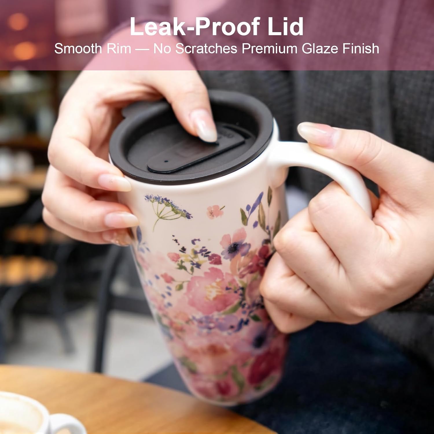 Topadorn Ceramic Coffee Mug Travel Cup Gift with Lid 17oz, Porcelain Tall Tea Cup with Handle for Home & Office, White & Pink Flower Art Pattern Mug in Gift Box, 6.5''H - Image 7