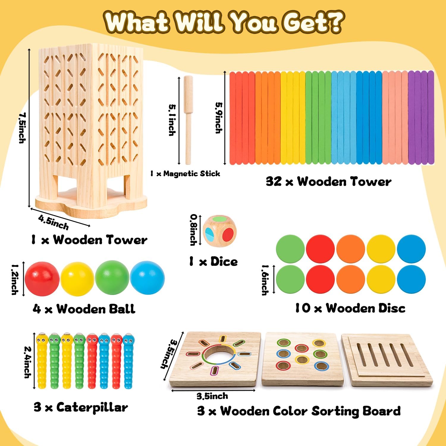 Montessori Wooden Board Games, Multifunctional Children's Toys, Sticks Dice Game & Wooden Learning Color Sorting Toys for Kids 3-6 Years, Builds Fine Motor Skills & Counting & Color Sorting