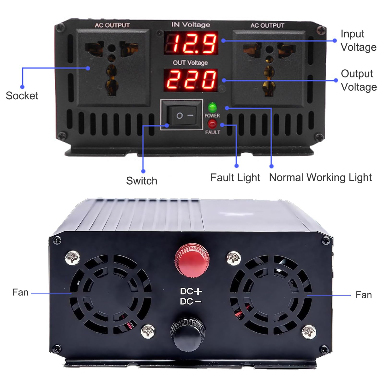 Wechselrichter 5000 W, Reiner Sinus-Auto-Wechselrichter DC 12 V 24 V 48 V 72 V auf AC 220 V/110 V, 2 AC-Steckdosen, Fahrzeug-Wechselrichter mit Stromkabel,24V to 220V