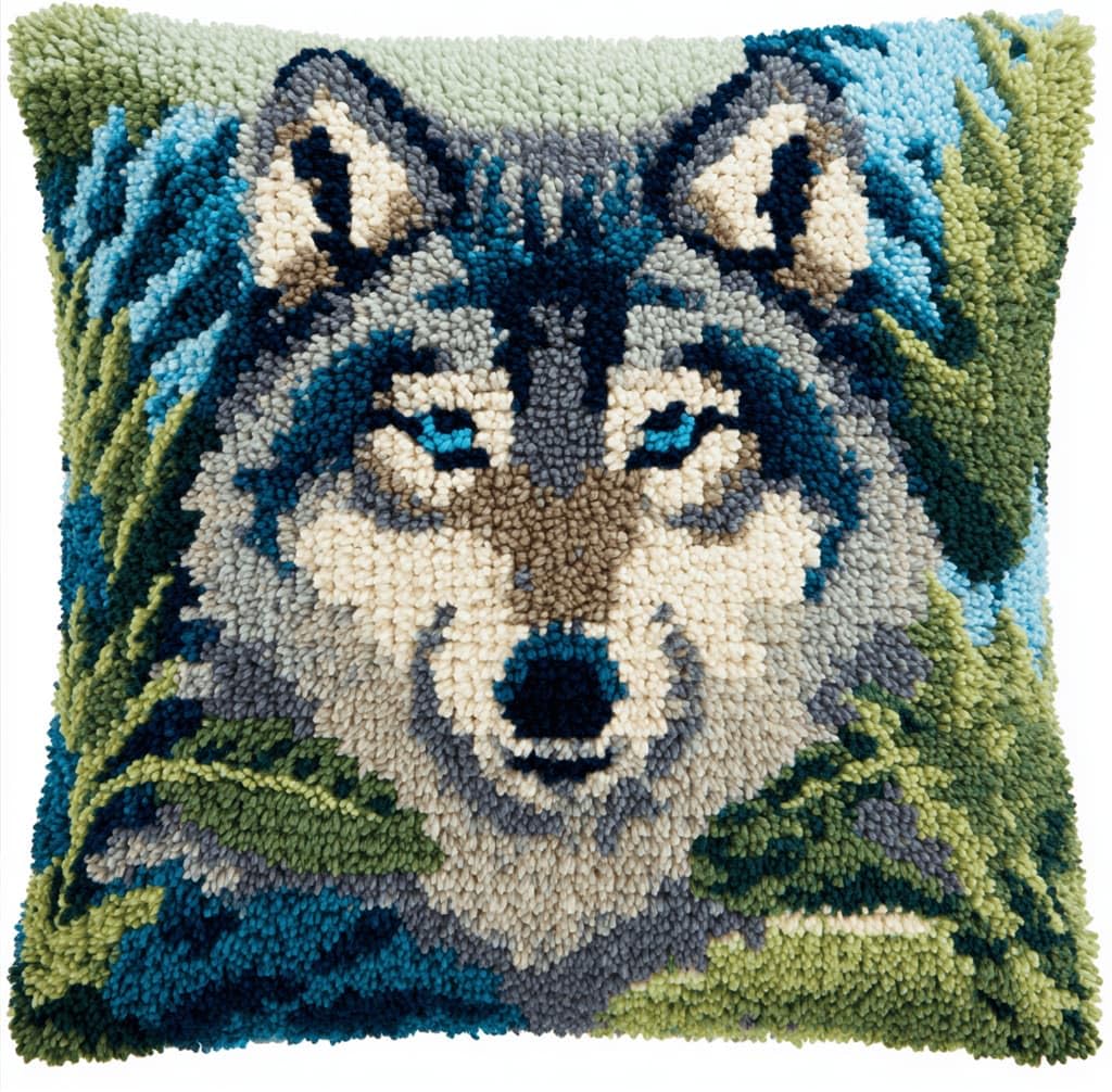 Kitquiver Decor Latch Hook Cushion Kit,Wolf DIY Pillow Cover 43X43Cm