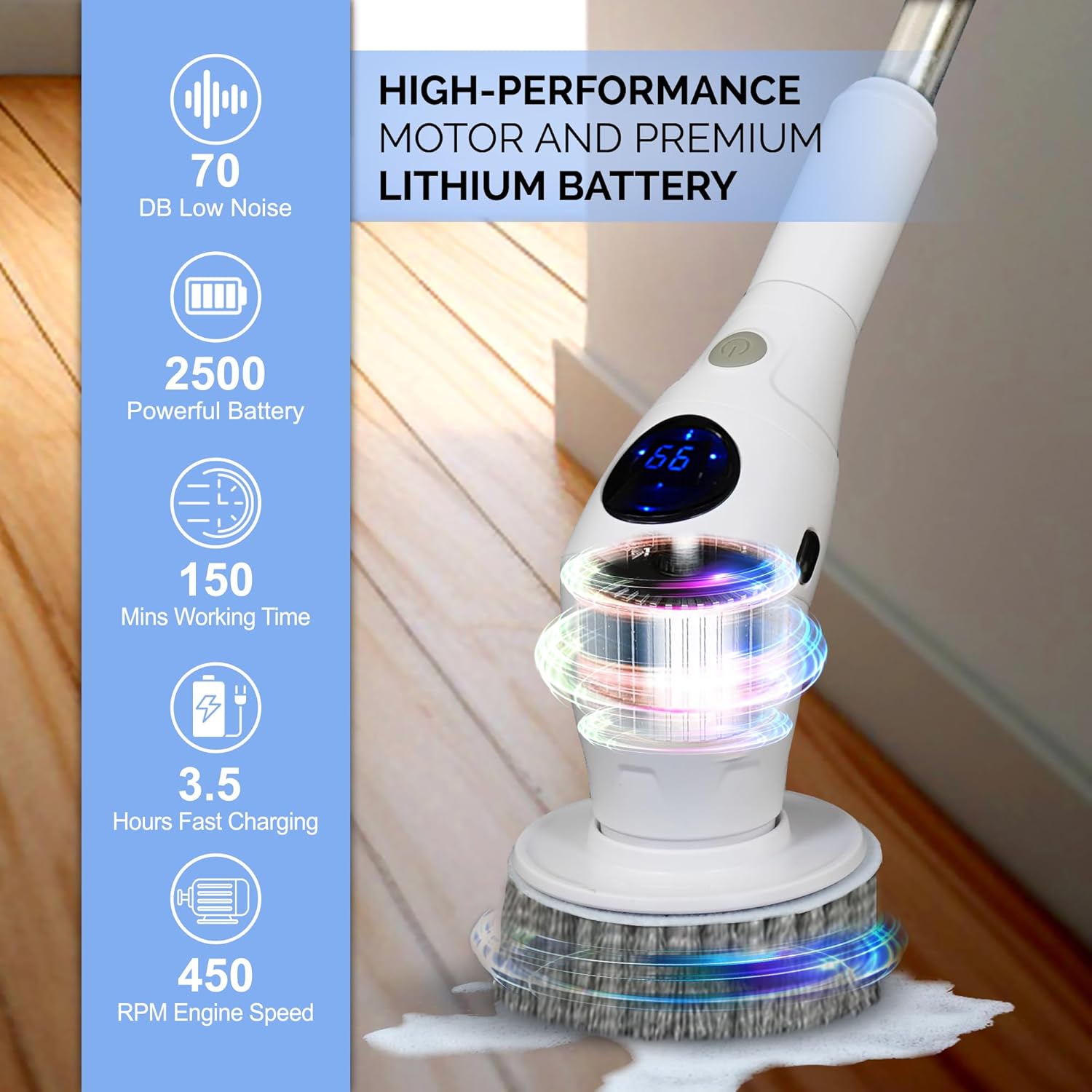 Electric Spin Scrubber, Cordless Power Brush with 8 Multi-Functional Heads, 3 Adjustable Speeds, IPX7 Waterproof, LED Display, Long Handle (13.8"-51"), Perfect for Bathroom, Tile, Kitchen, Car