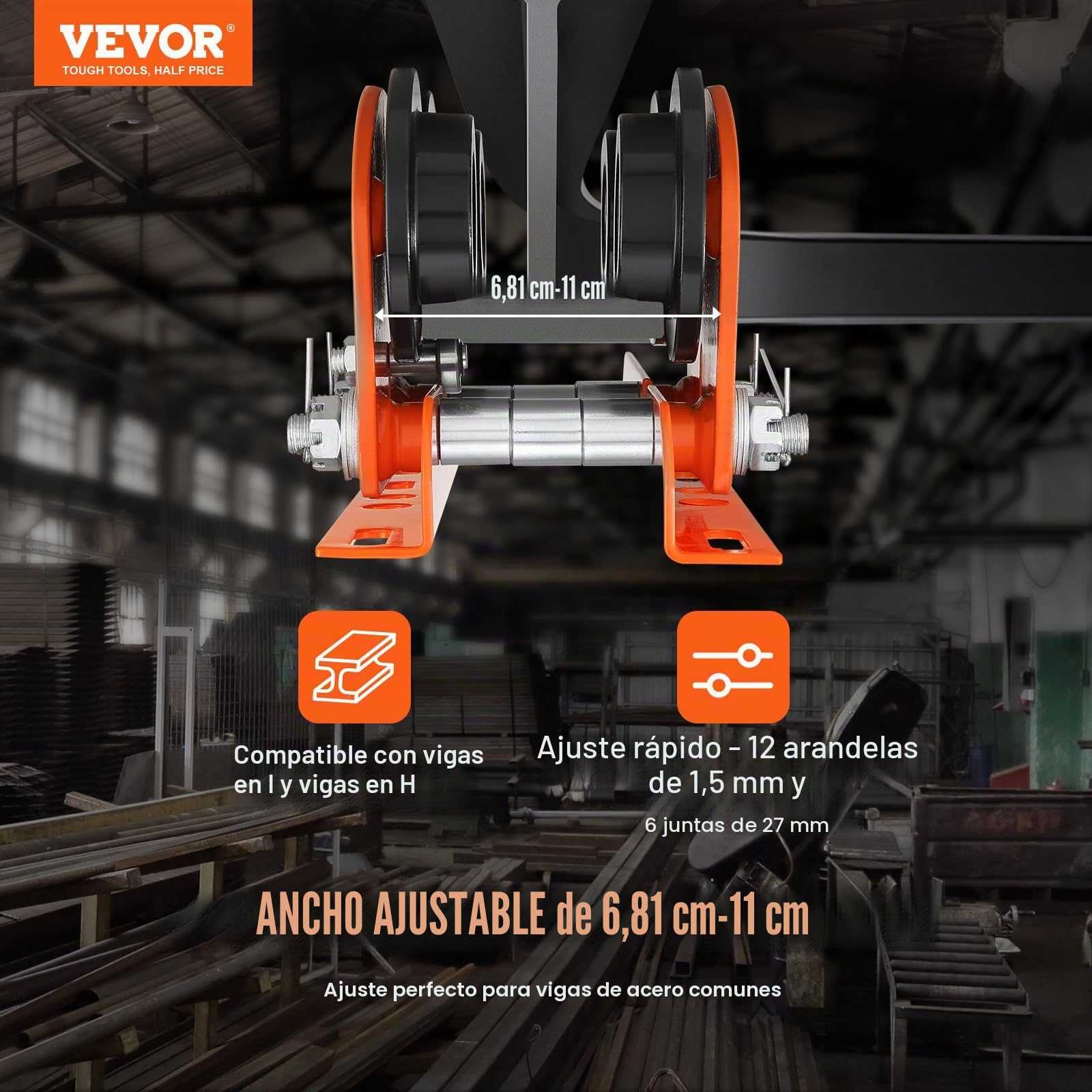 VEVOR Carro Portapolipasto Eléctrico Carga de 1 T Carro con Viga de Empuje de Acero Aleado Ancho Ajustable 68-110 mm con Ruedas para Polipasto PA200 PA250 PA300 PA400 PA500 Viga I Recta y Curva