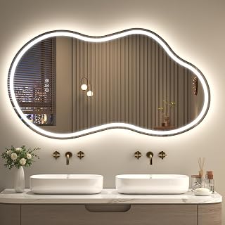 SMIROR Irregular Led Backlit Bathroom Mirror 48 x 26 inch, Asymmetrical Cloud Lighted Vanity Mirror with Lights for Wall, Anit-Fog, Dimmable, Memory (Vertical/Horizontal)