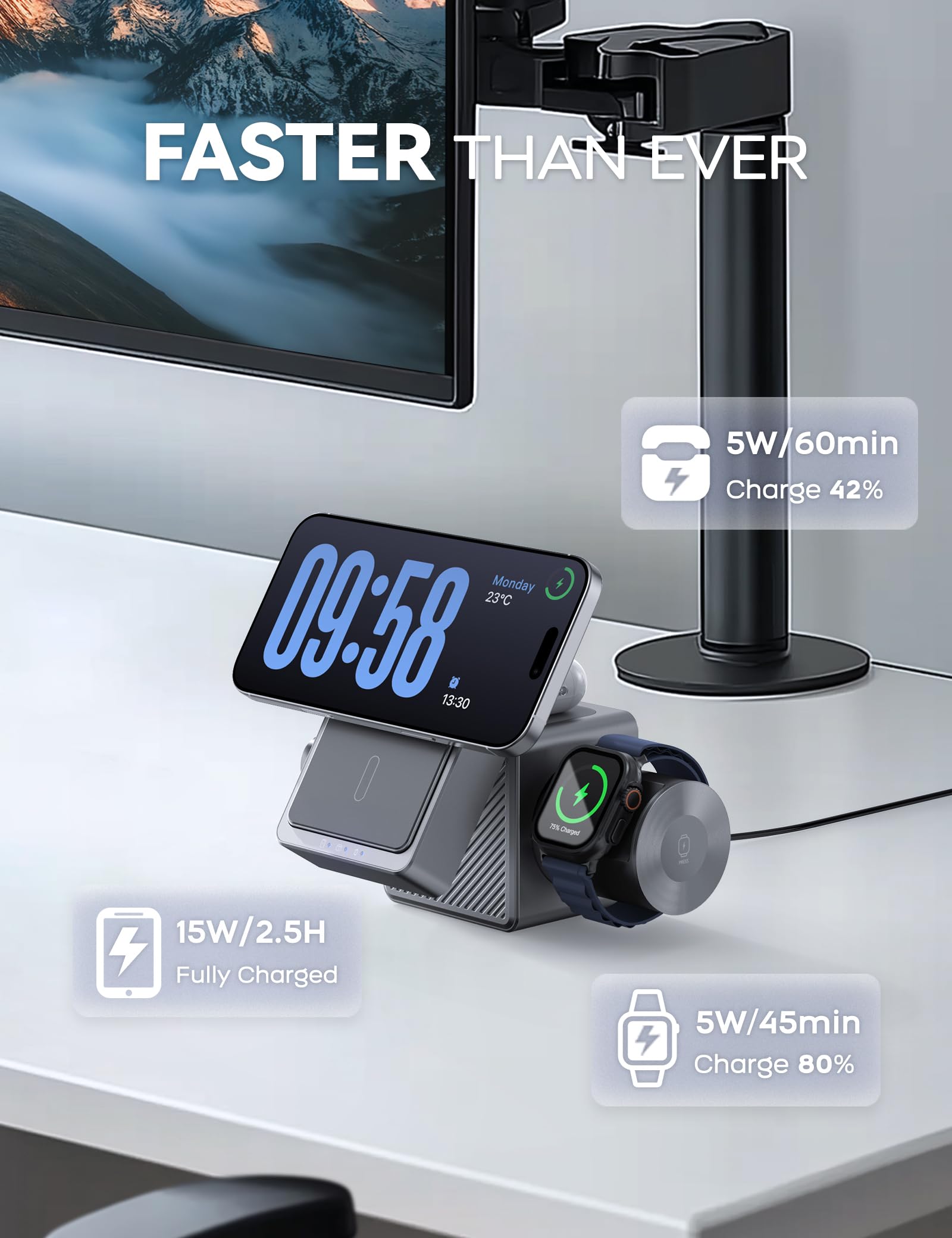 RORRY 3 in 1 Charging Station, for Magsafe Wireless Charger Stand with 5000mAh Power Bank for iPhone 17/16/15/14/13/12, for Apple Watch Ultra/11/10/9/8/7/6/5/4/SE, for AirPods, Metallic Grey - 4