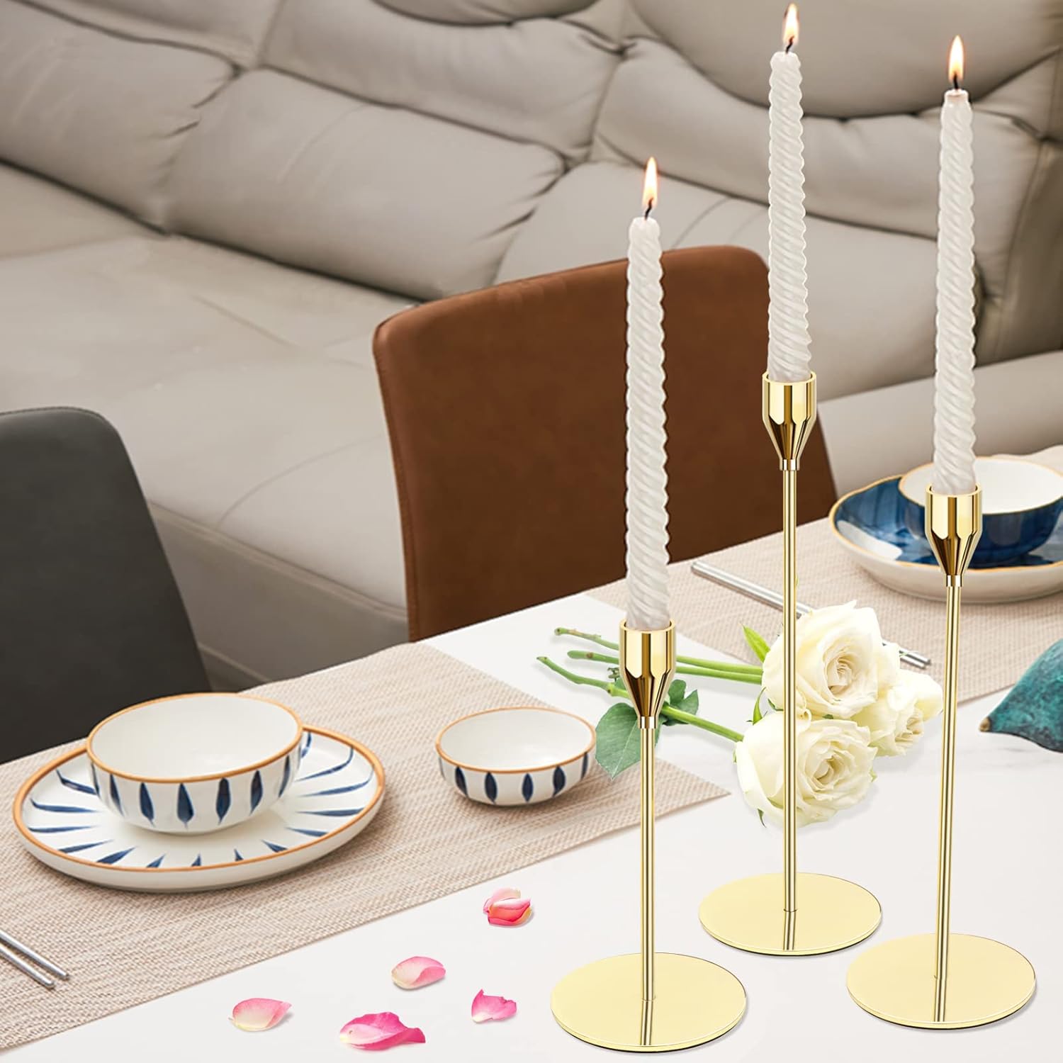 Gold Candle Holders for Taper Candles, FODIENS Set of 12 Metal Candlestick Holders, Decorative Tapered Candle Stick Holder for Wedding Dinning Anniversary Party Table Centerpiece (Bright Gold)