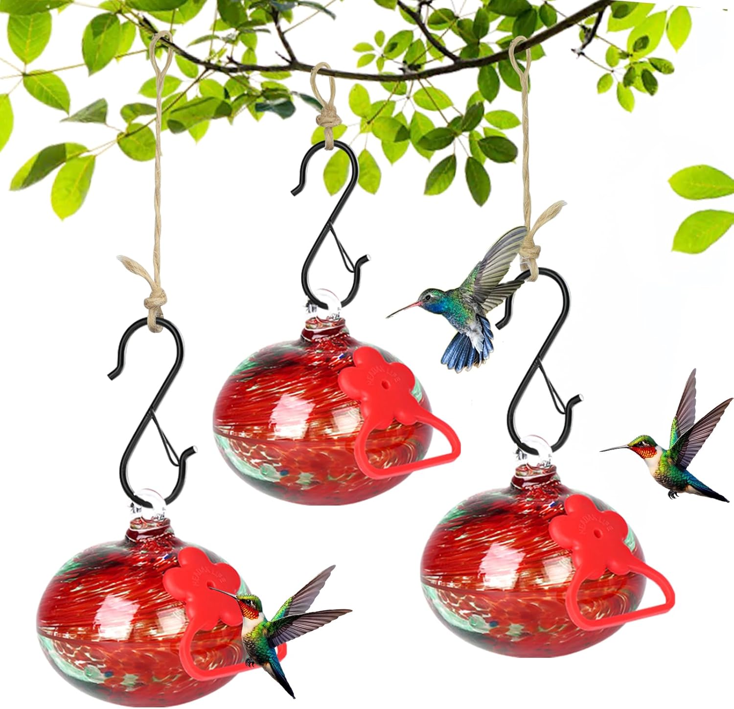 Set of 3 Hummingbird Feeders for Outdoors Hanging,Hand-Blown Glass Hummingbird Feeder with Silicone Feeding Perch,Never Leak,Gardening Gifts for Woman Man(Red)