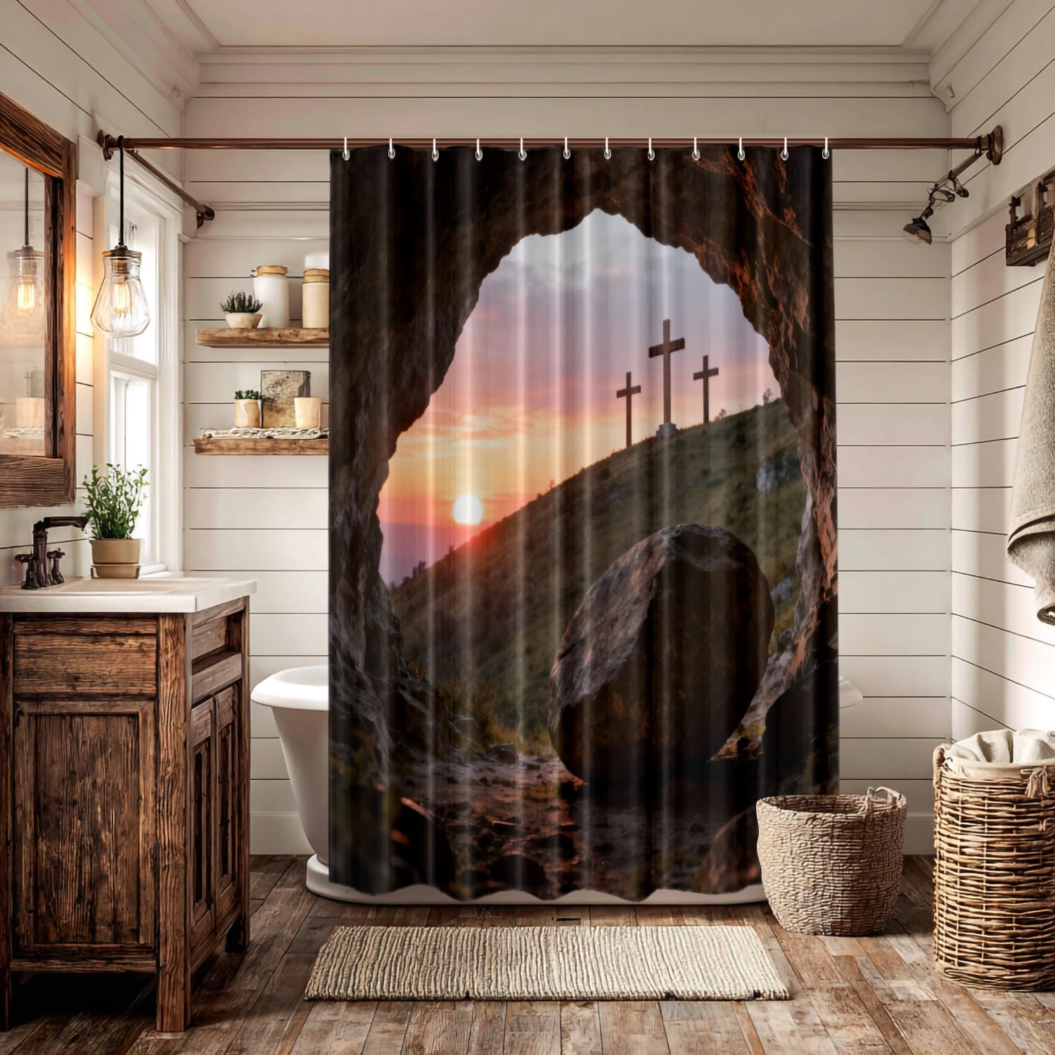 Batmerry Brown Christian Christian Decor Shower Curtain, Risen Bathroom Decor Polyester Fiber Plastic Rings Quick-Drying Waterproof for Bathtubs/Bathroom, 72x72 inches