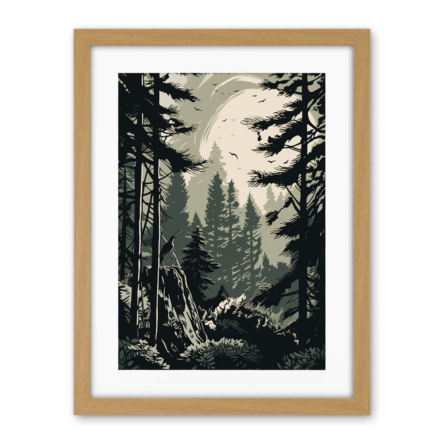 Artery8 Pine Tree Forest Sunrise Landscape Illustration Artwork Framed Wall Art Print 18X24 Inch