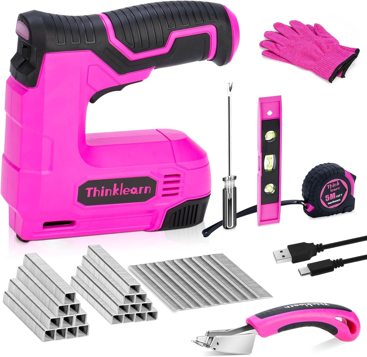 Electric Staple Gun, 2 in 1 Pink Cordless Stapler Nail Gun Set with 2500pcs Staples Nails, 4V