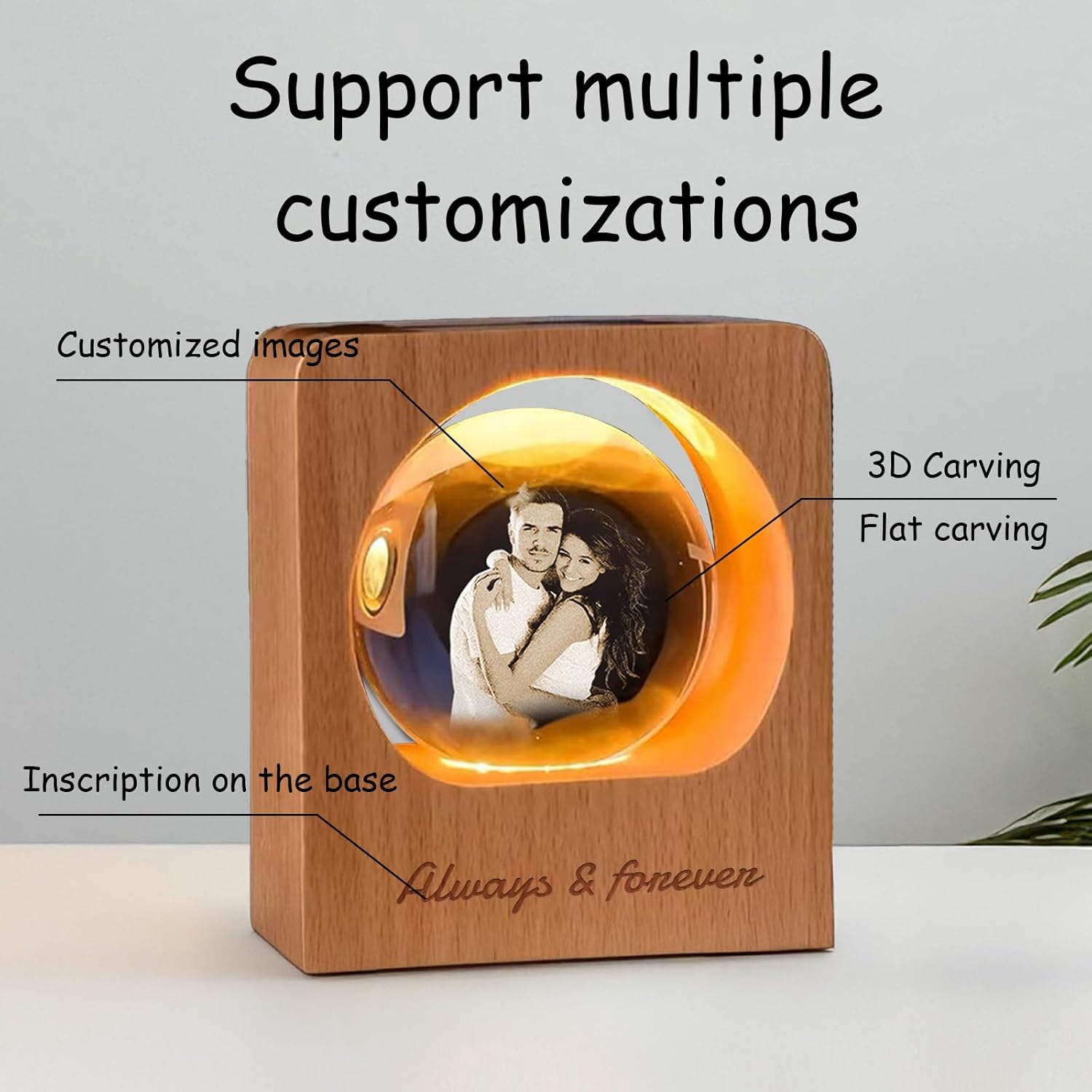 Custom 3D Crystal Photo Night Light – Personalized Glass Photo Ball with Customized 3D Picture Engraving, LED Light Wood Base, Unique Custom Gifts for Family, Pets, Birthday, Valentine's Day (Style 1)