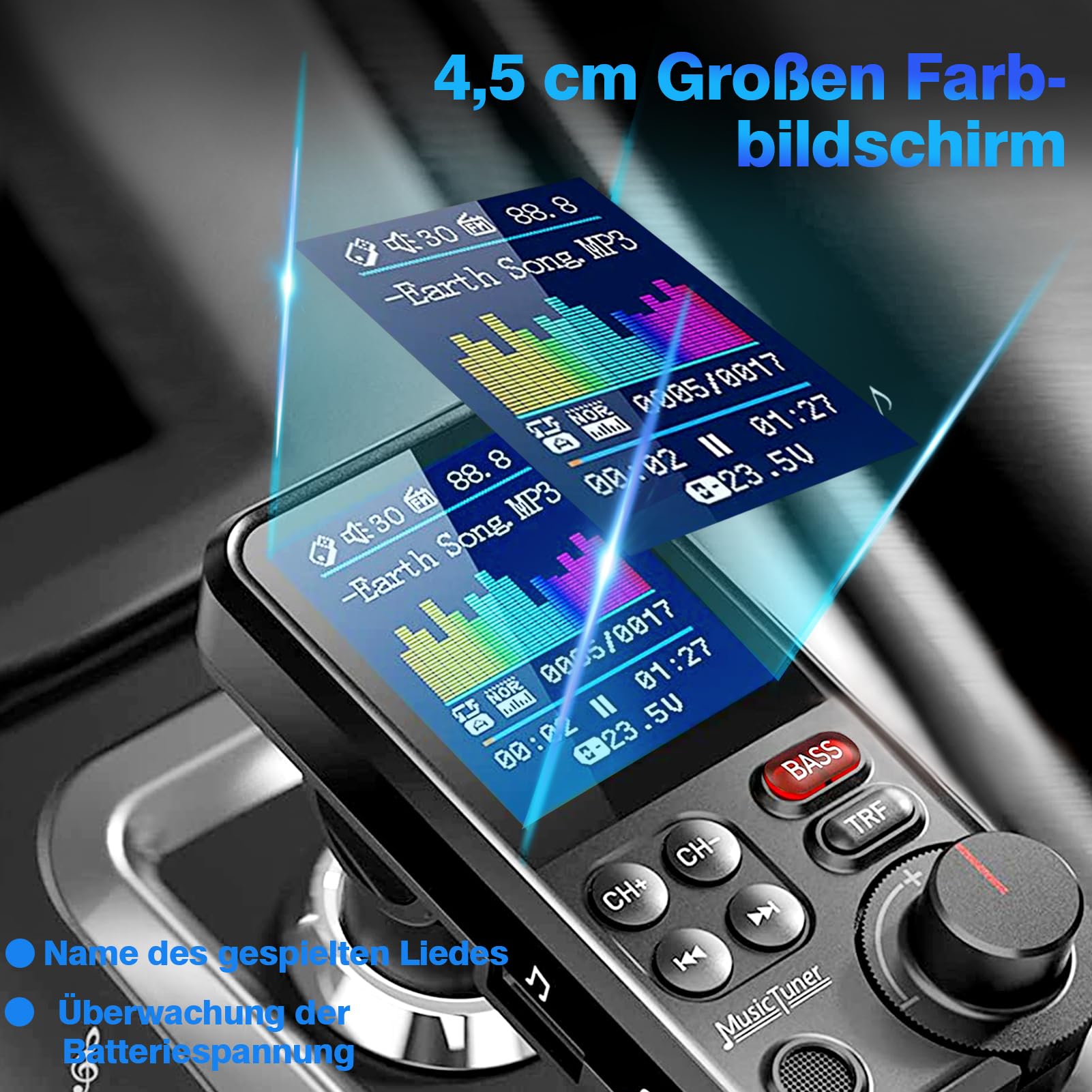 Bluetooth Adapter Auto, FM Transmitter Bloototh, Zigarettenanzünder Auto Player für Car Radio, UnterstüTzung für QC3.0 USB LadegeräT, Bass Musik MP3 Freisprechanlage, 4.5 cm Led Display
